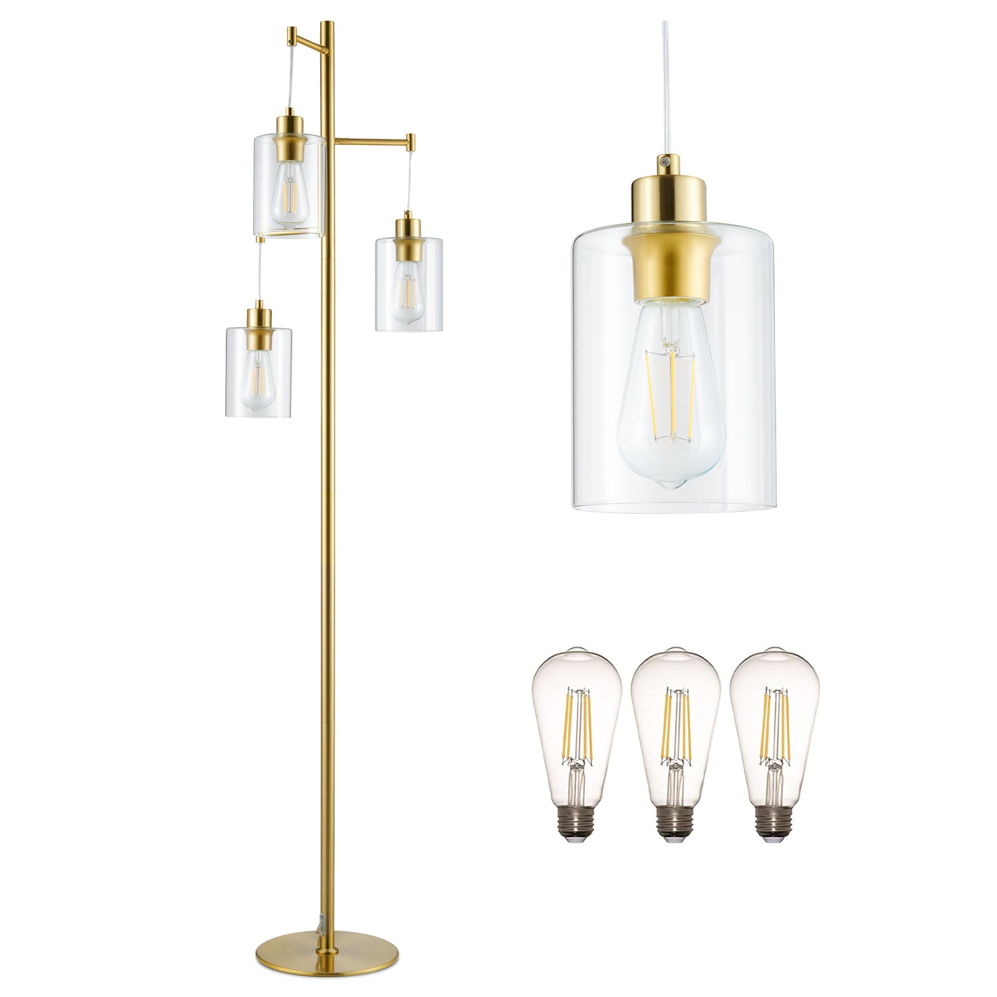 Bestco Industrial Floor Lamp with 3 LED Bulbs Hanging Glass Shades 64" Metal Pole Gold