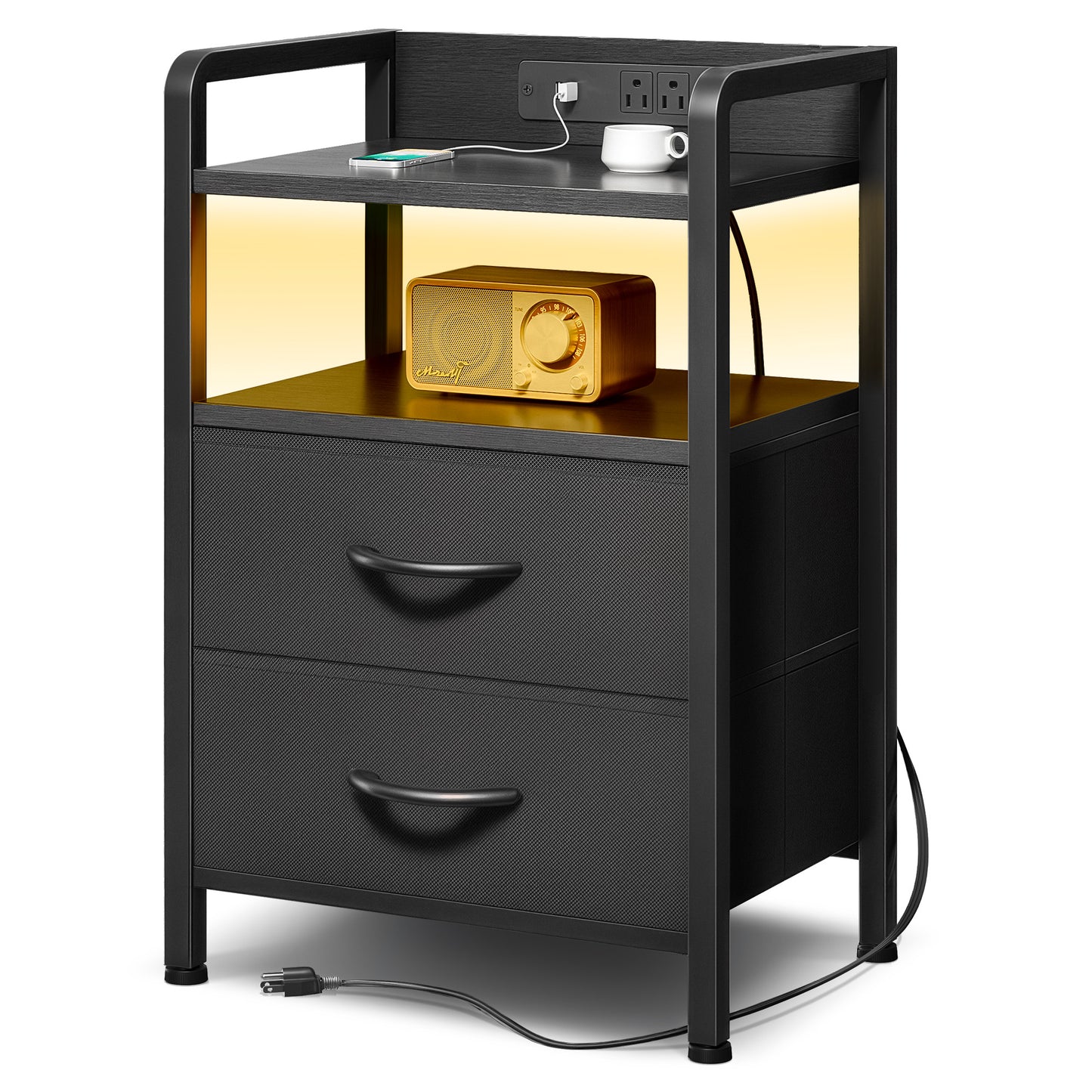 LED Nightstand End Table with Charging Station & 2 Drawers for Bedroom Black