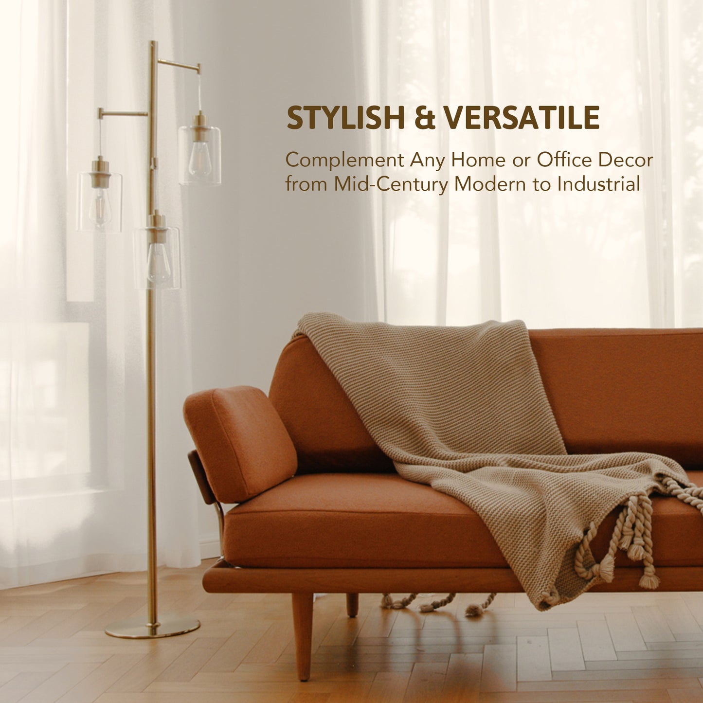 Bestco Industrial Floor Lamp with 3 LED Bulbs Hanging Glass Shades 64" Metal Pole Gold
