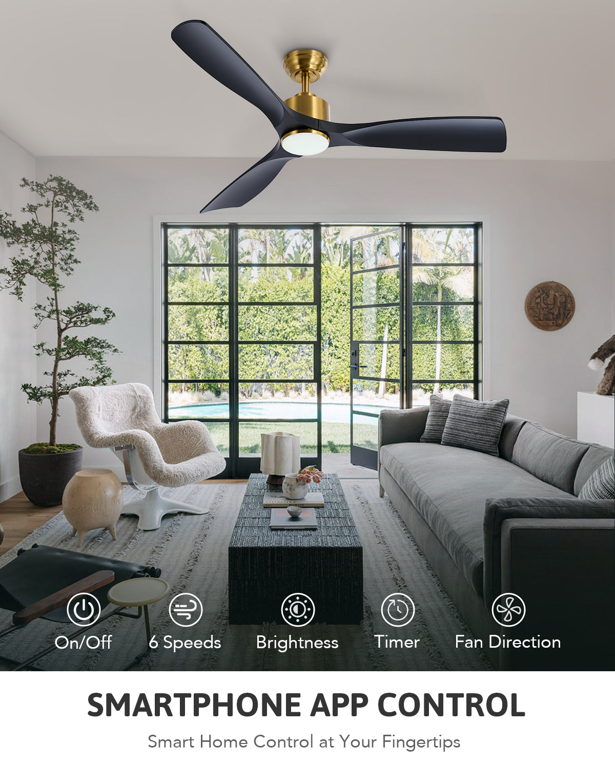 Bestco 52" Smart Ceiling Fan with 6 Fan Speeds 1/4/8 hr. Timer & Remote Control Black