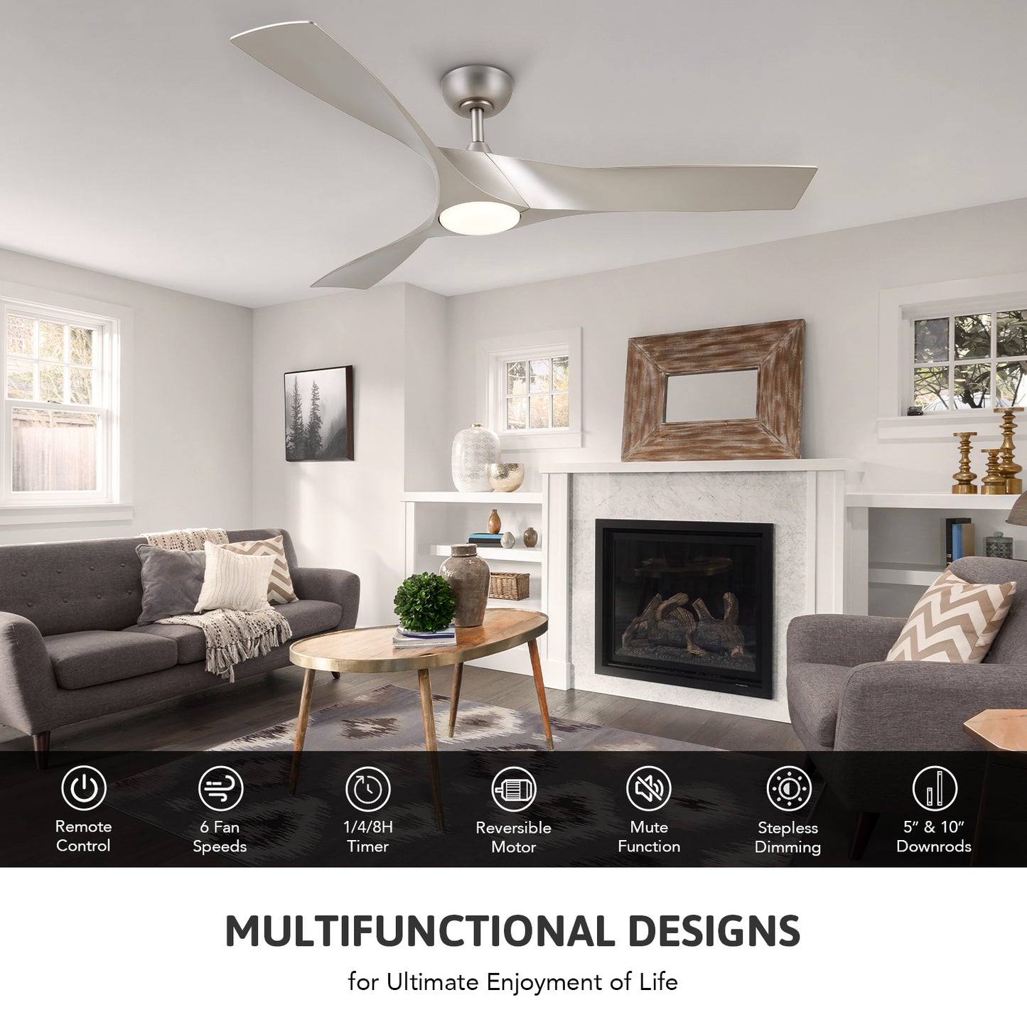 Bestco 52 inch Propeller Ceiling Fan with Light Remote Control 6 Fan Speeds Nickel