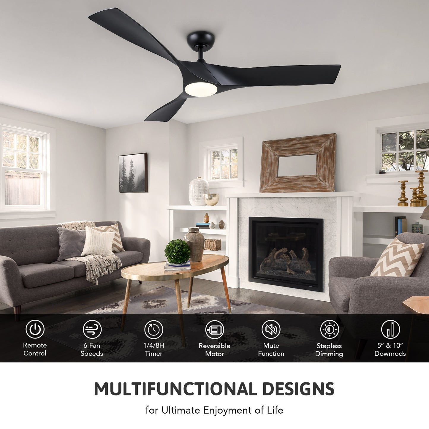 Bestco 52" Ceiling Fan with Lights 3 Blades Remote Control Timer and Adjustable Height for Bedroom Living Room Kitchen Decor More