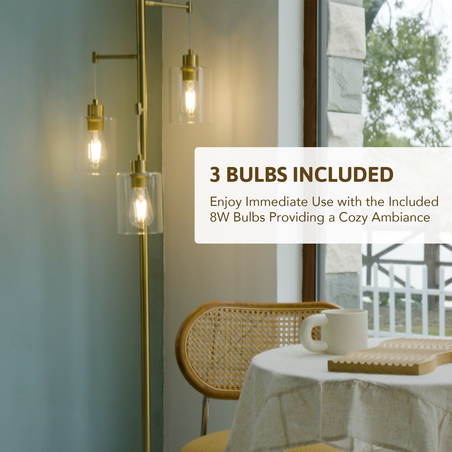 Bestco Industrial Floor Lamp with 3 LED Bulbs Hanging Glass Shades 64" Metal Pole Gold