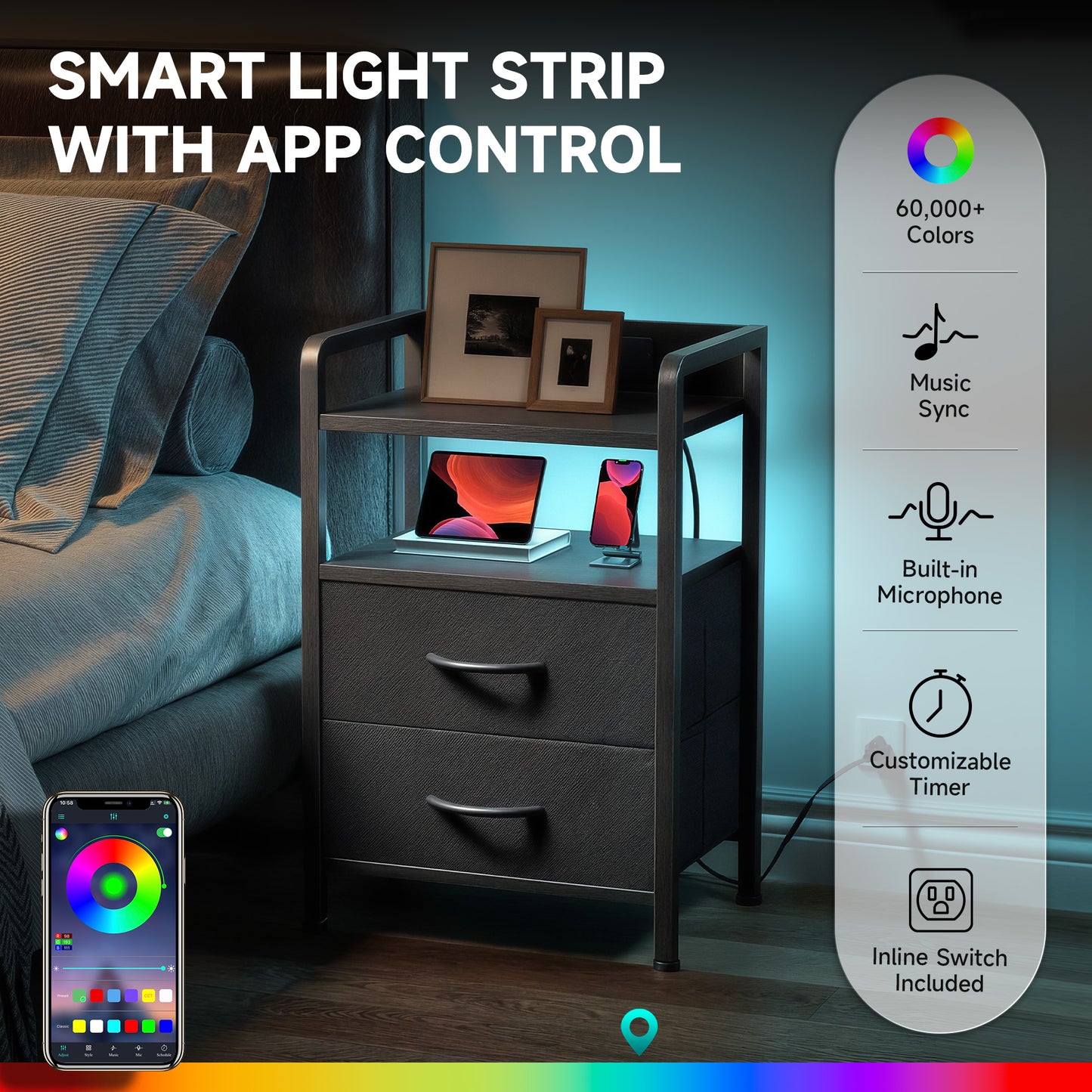 LED Nightstand End Table with Charging Station & 2 Drawers for Bedroom Black
