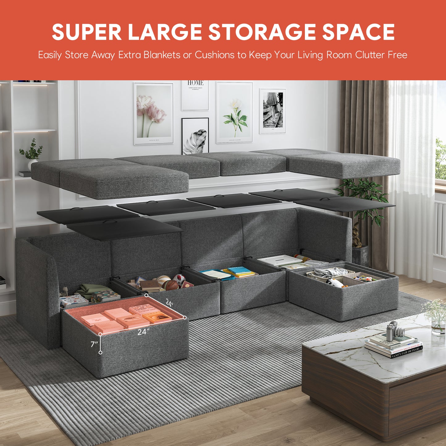 Modular Couches and Sofas Sectional 4 Seat U Shaped Sofa w Storage Ottoman, Dark Gray