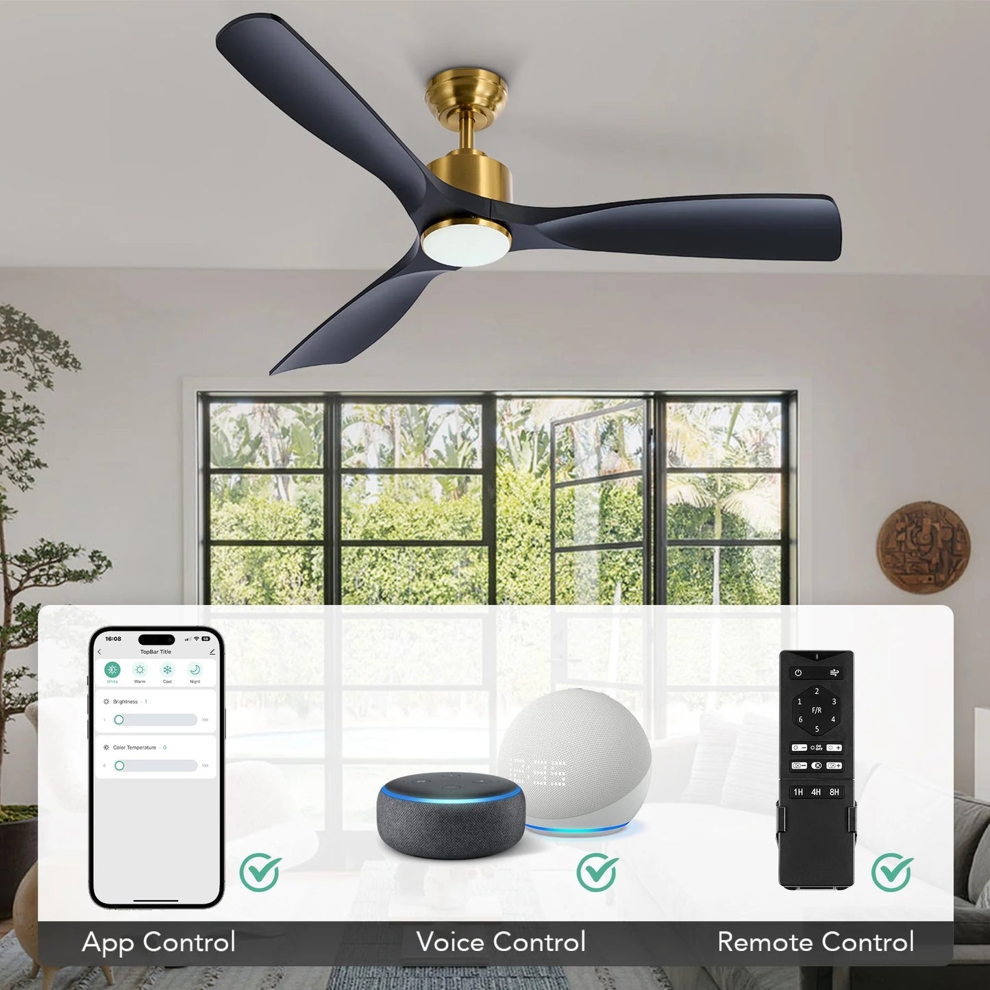 Bestco 52" Smart Ceiling Fan with 6 Fan Speeds 1/4/8 hr. Timer & Remote Control Black