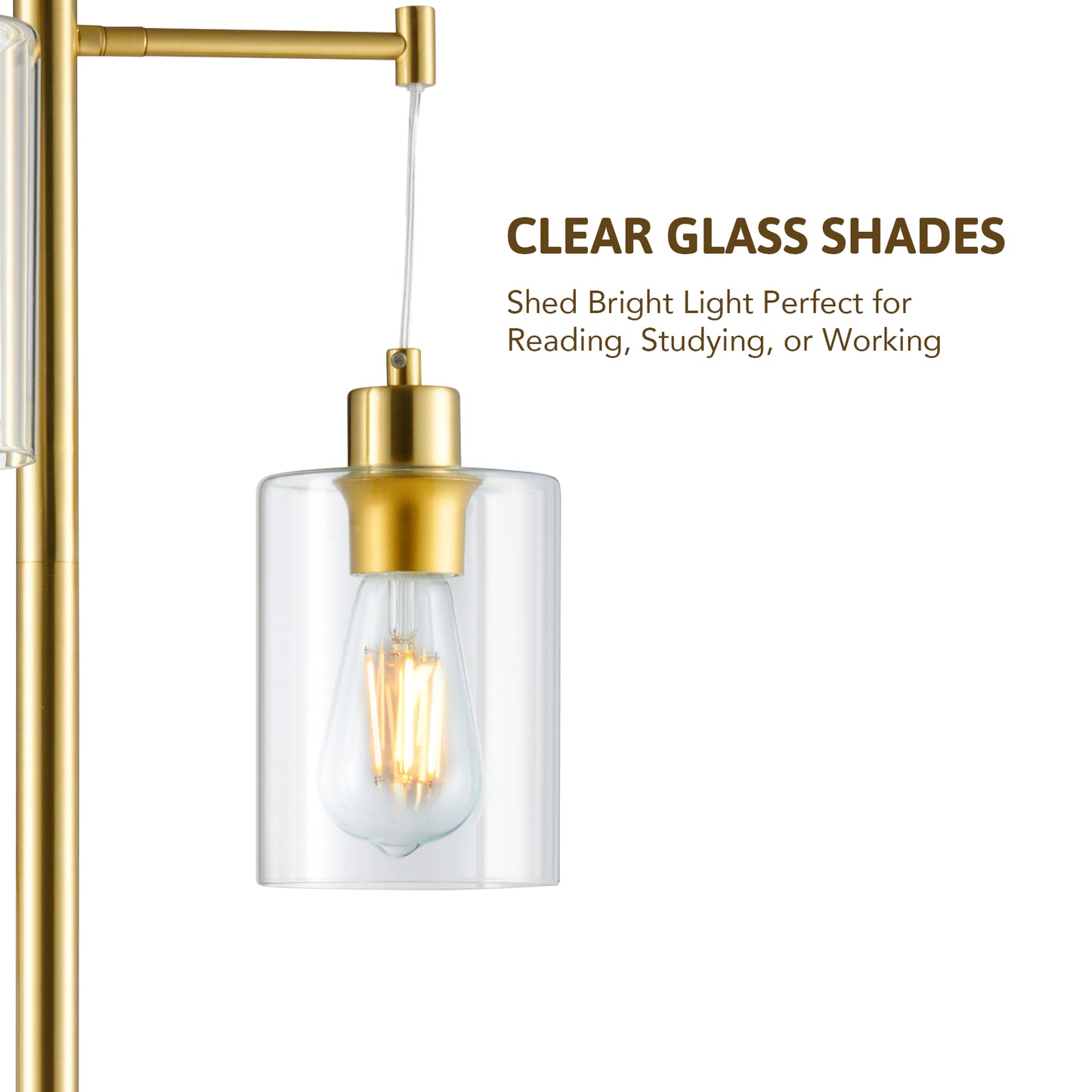 Bestco Industrial Floor Lamp with 3 LED Bulbs Hanging Glass Shades 64" Metal Pole Gold