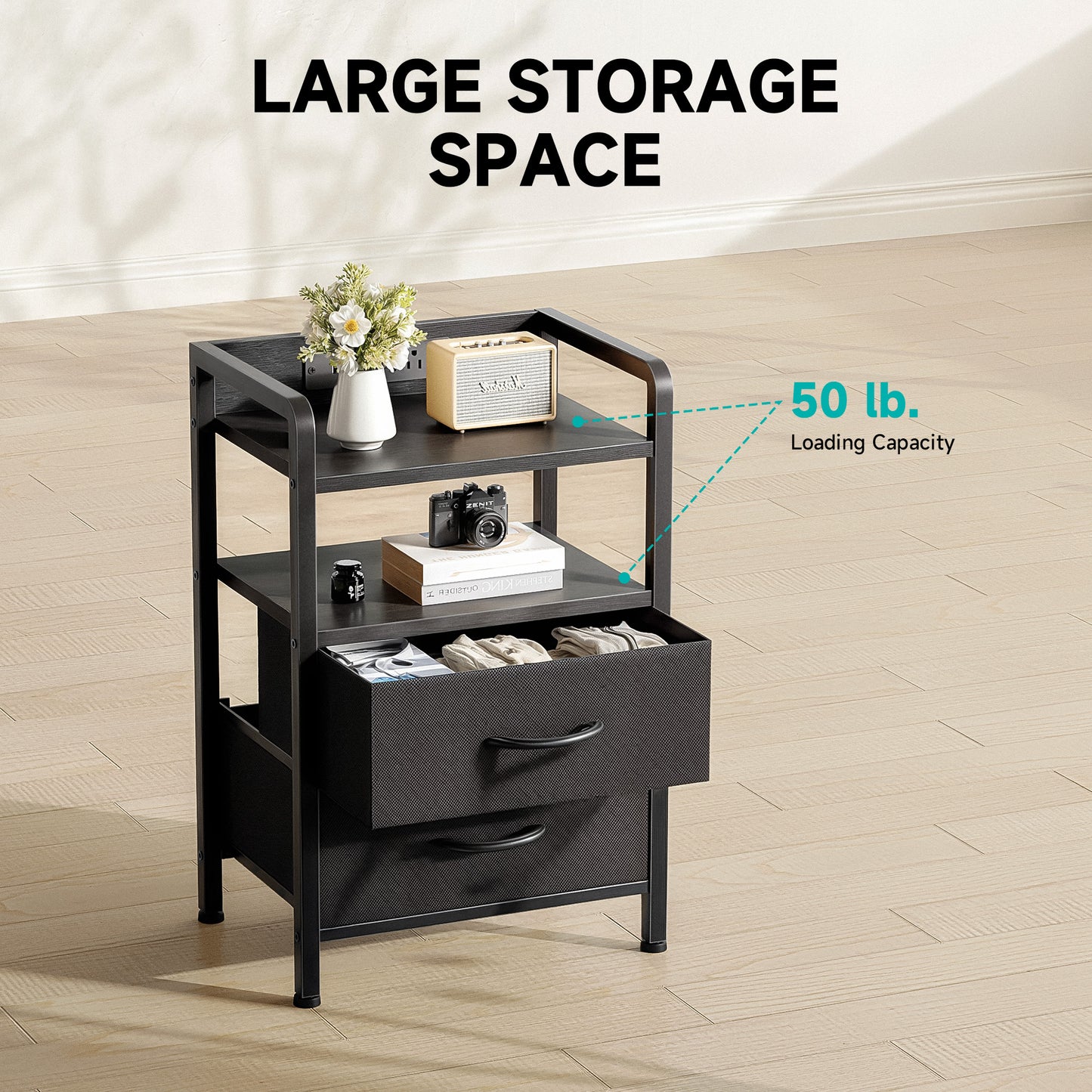 LED Nightstand End Table with Charging Station & 2 Drawers for Bedroom Black