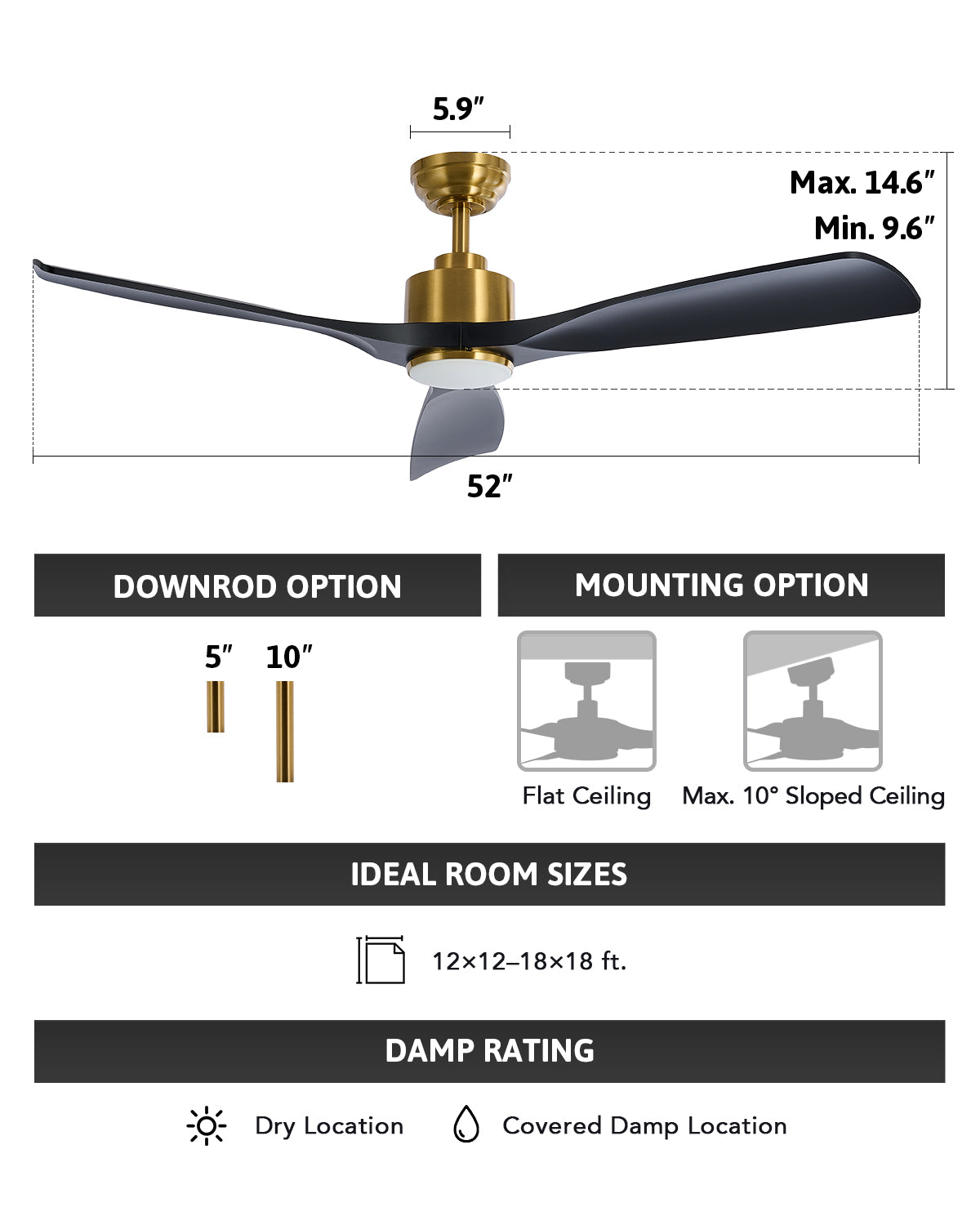 Bestco 52" Smart Ceiling Fan with 6 Fan Speeds 1/4/8 hr. Timer & Remote Control Black