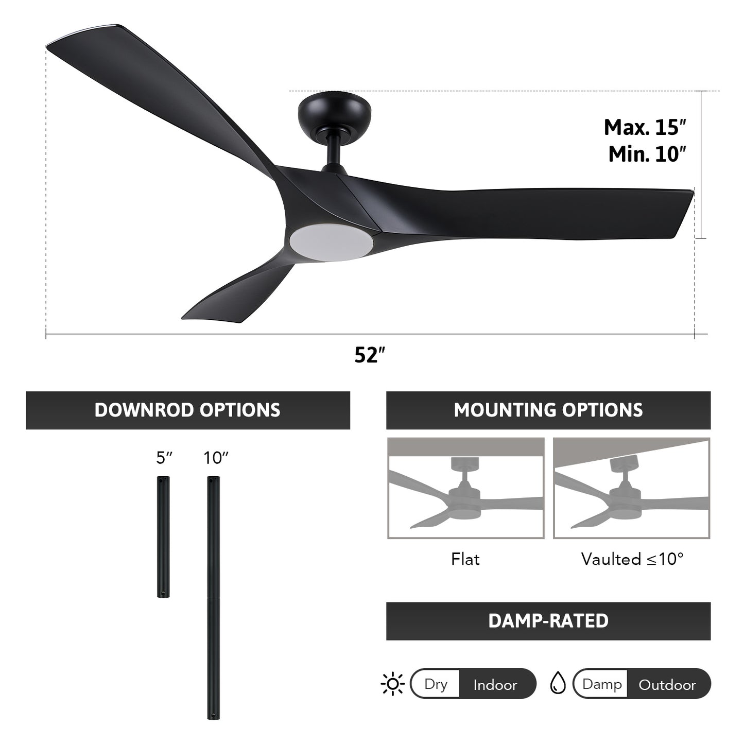 Bestco 52" Ceiling Fan with Lights 3 Blades Remote Control Timer and Adjustable Height for Bedroom Living Room Kitchen Decor More