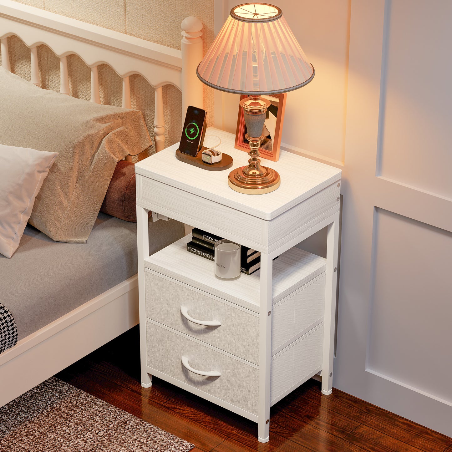 Modern Nightstand with Drawers Bedside End Table with Charging Station & Sliding Top