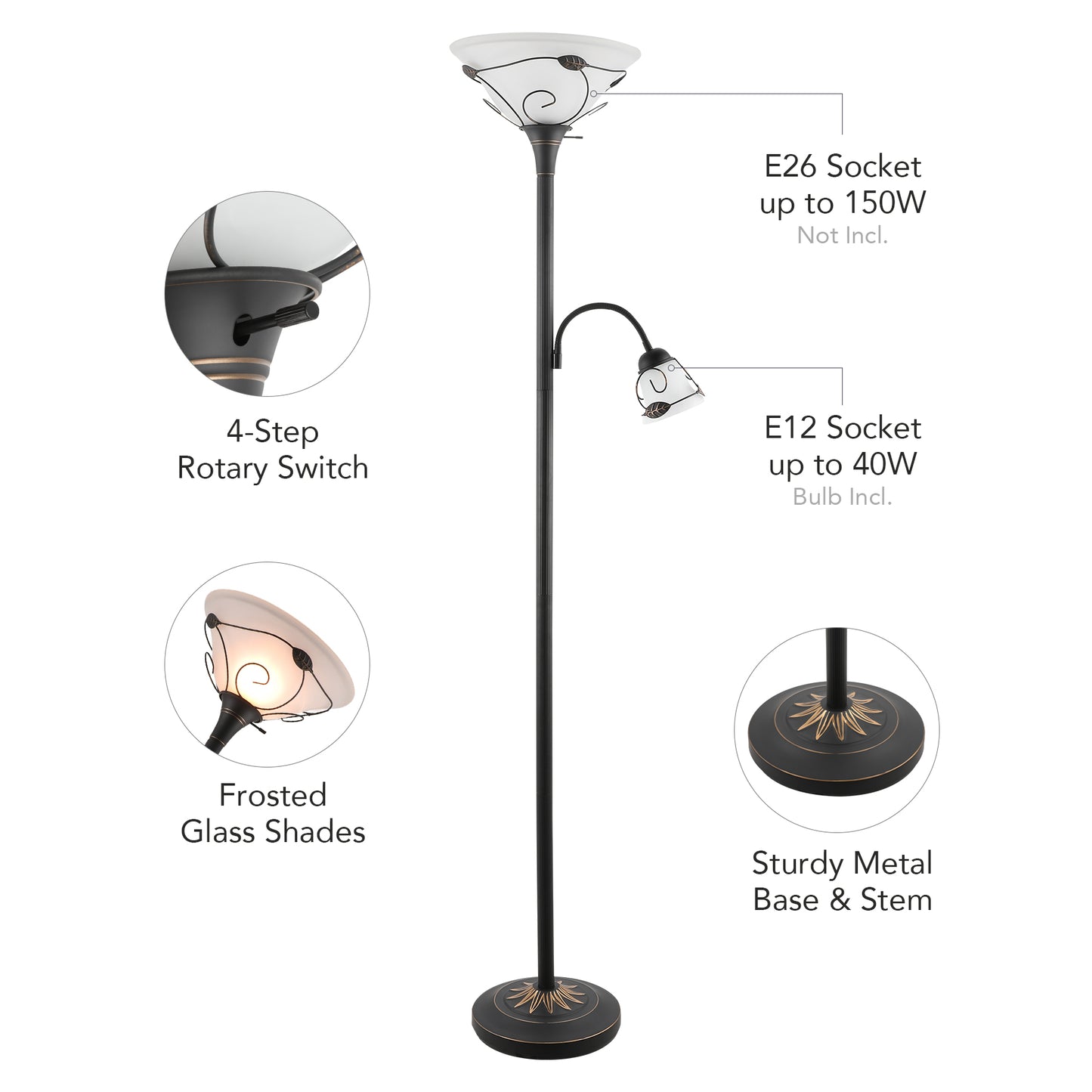 Bestco Torchiere Floor Lamp with Adjustable Reading Lamp, 71-inch Combo Mother Daughter Lamp for Living Room Corner Bedroom