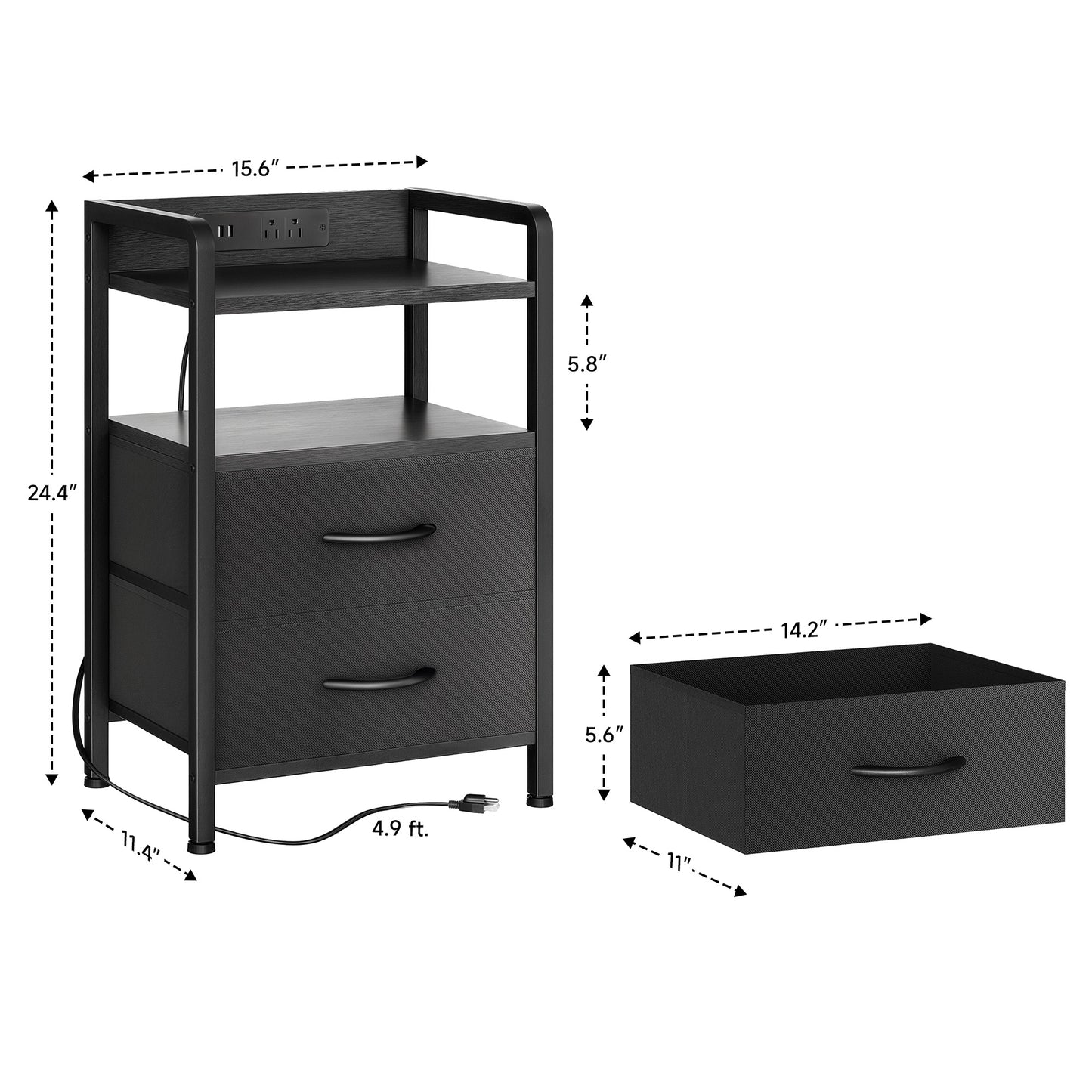LED Nightstand End Table with Charging Station & 2 Drawers for Bedroom Black