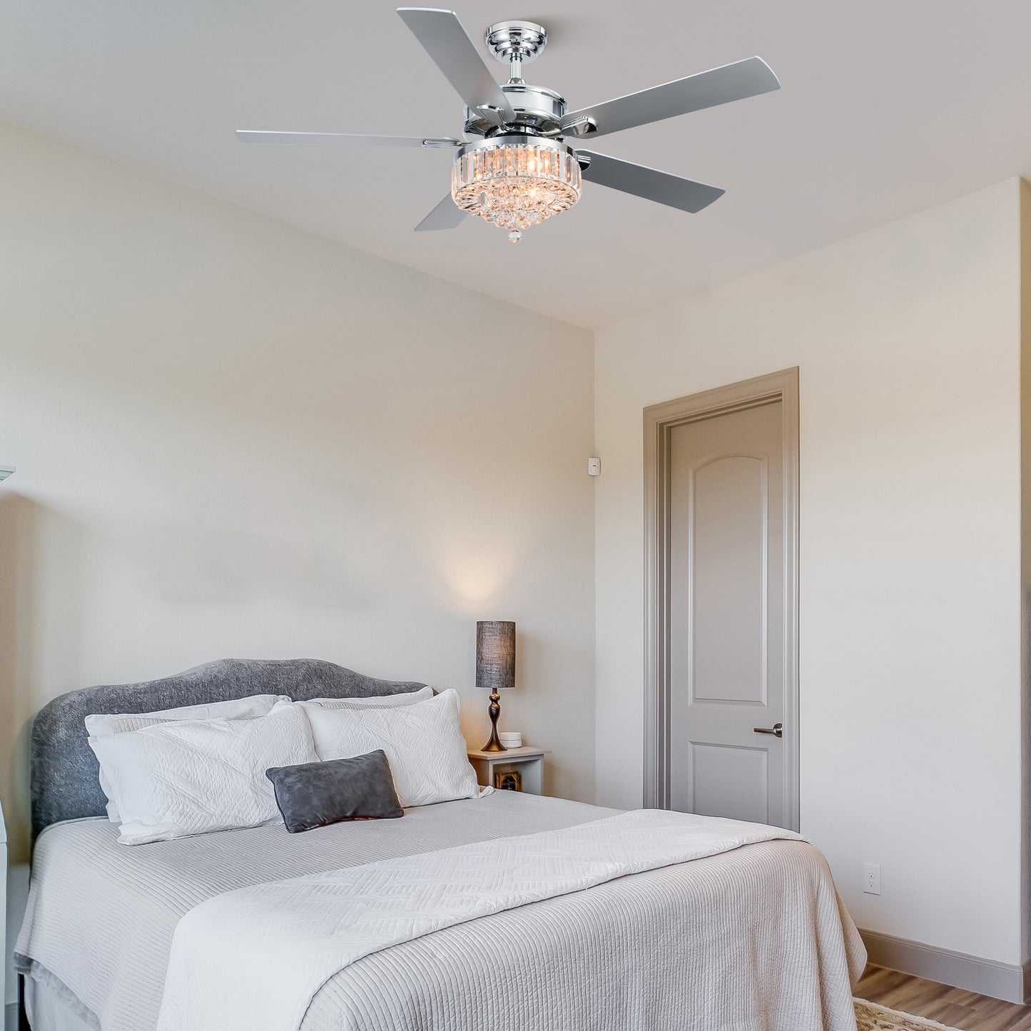 Bestco 52" 3-Light Chandelier Crystal Ceiling Fan with Remote 5 Dual Sided Blades Chrome