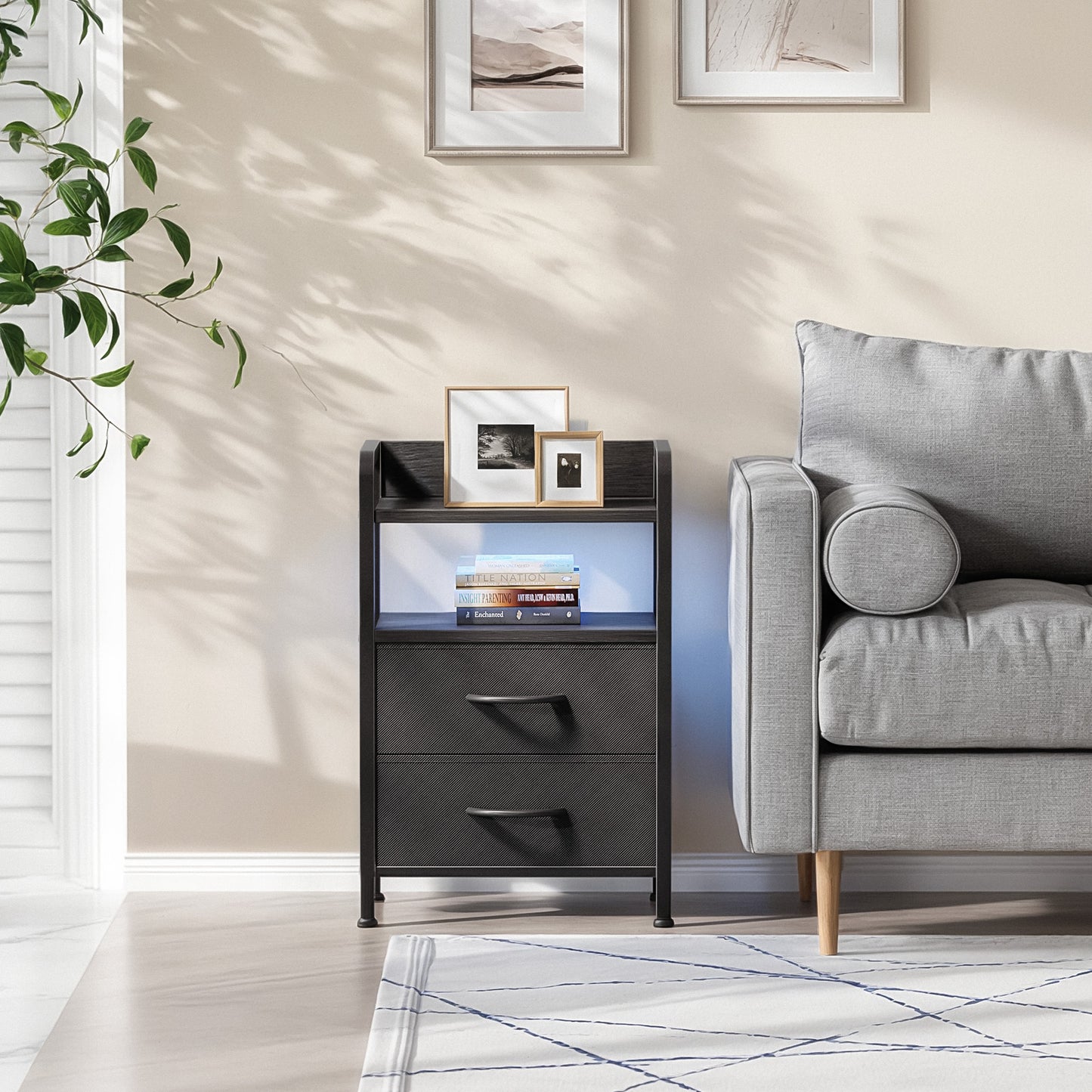 LED Nightstand End Table with Charging Station & 2 Drawers for Bedroom Black