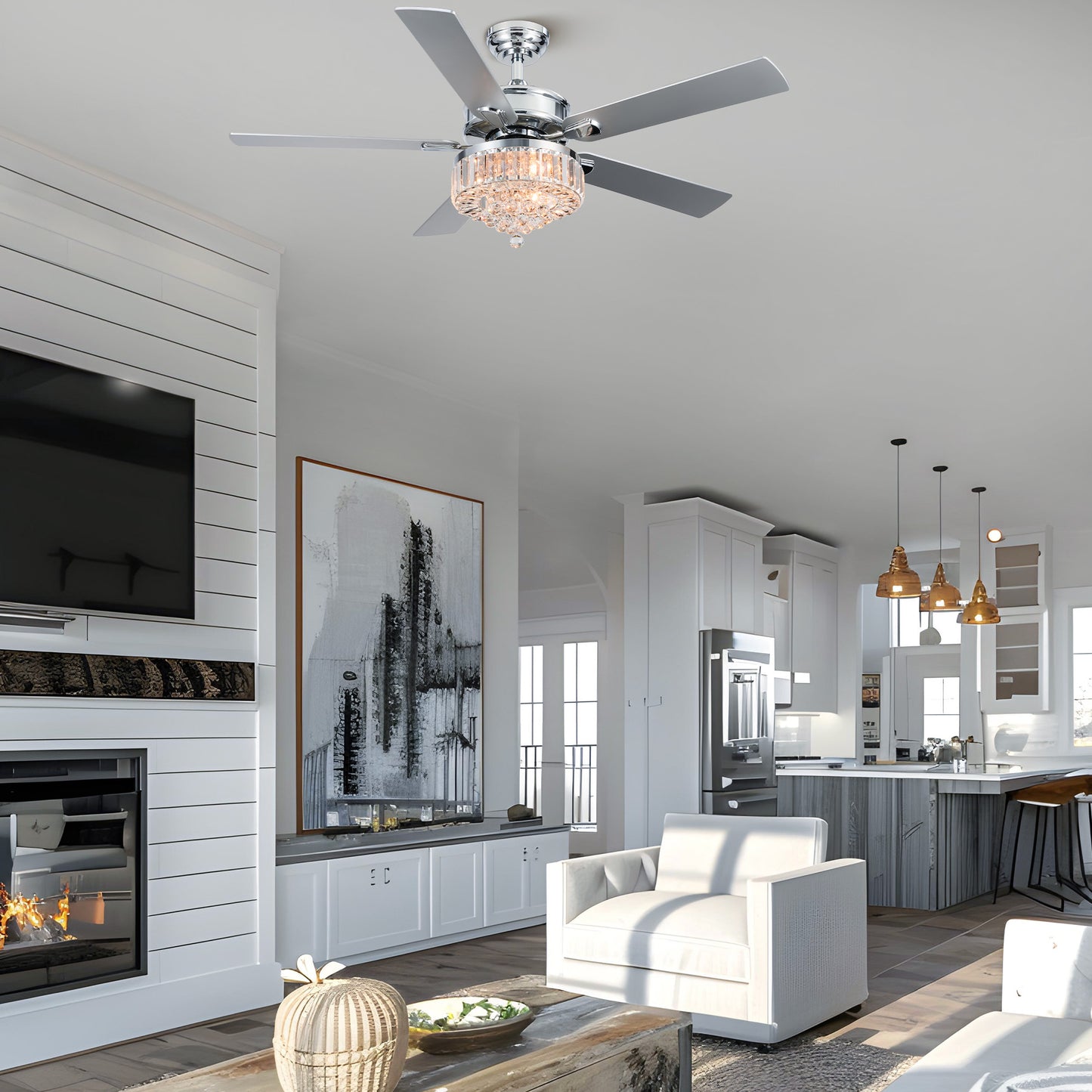 Bestco 52" 3-Light Chandelier Crystal Ceiling Fan with Remote 5 Dual Sided Blades Chrome