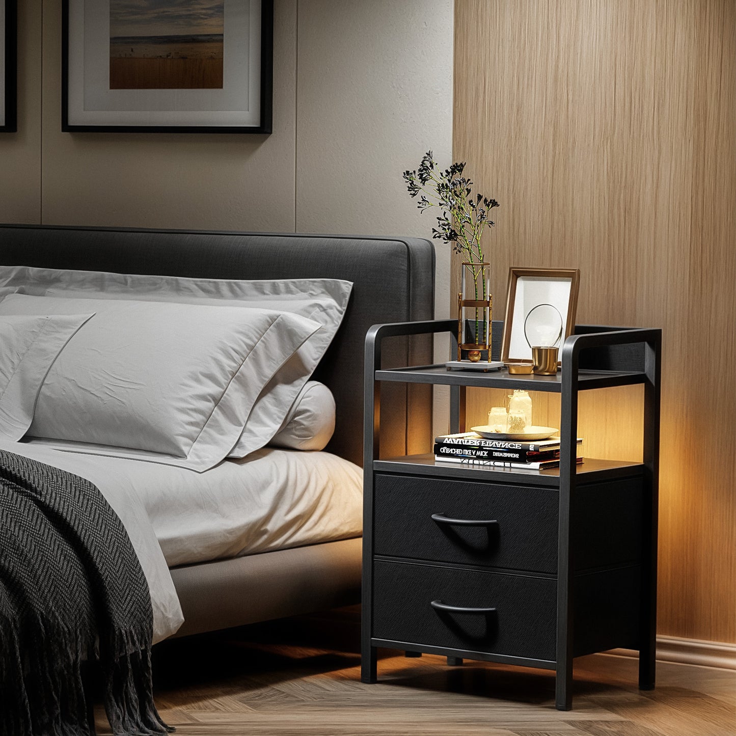 LED Nightstand End Table with Charging Station & 2 Drawers for Bedroom Black