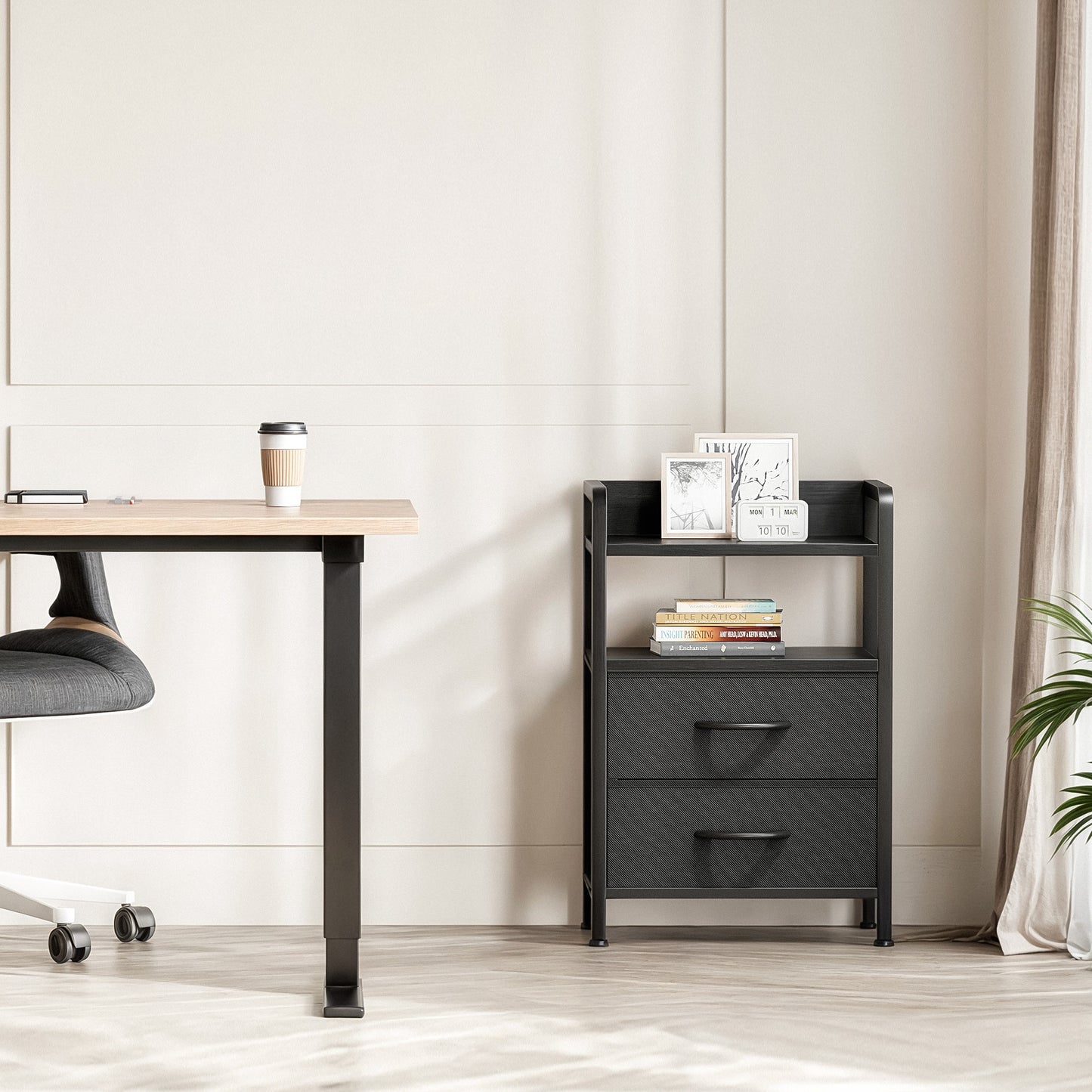 LED Nightstand End Table with Charging Station & 2 Drawers for Bedroom Black