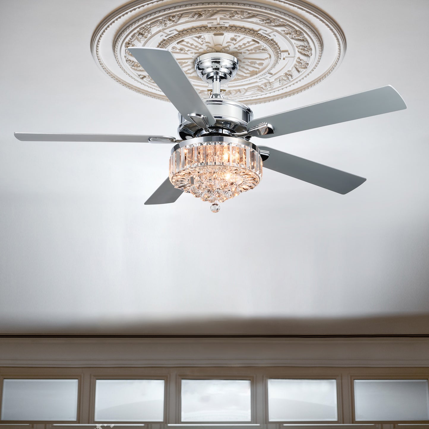 Bestco 52" 3-Light Chandelier Crystal Ceiling Fan with Remote 5 Dual Sided Blades Chrome