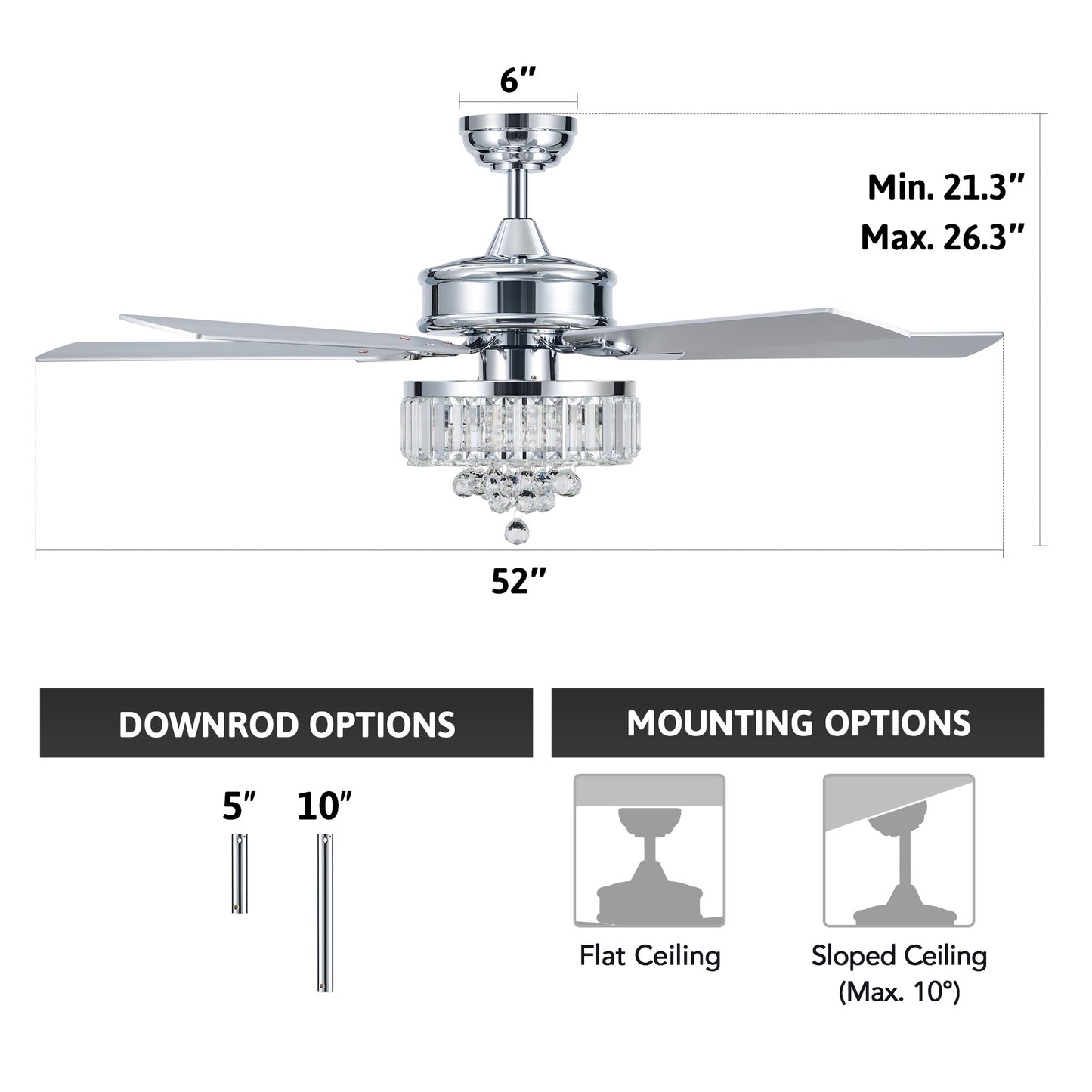 Bestco 52" 3-Light Chandelier Crystal Ceiling Fan with Remote 5 Dual Sided Blades Chrome