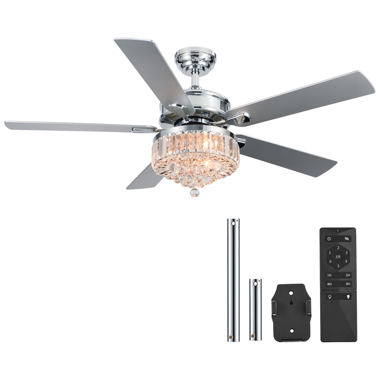 Bestco 52" 3-Light Chandelier Crystal Ceiling Fan with Remote 5 Dual Sided Blades Chrome