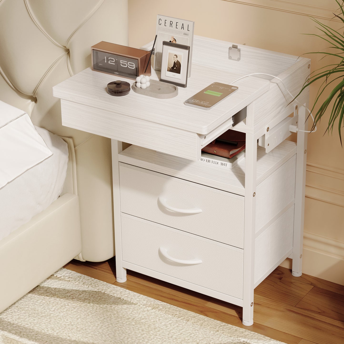 Modern Nightstand with Drawers Bedside End Table with Charging Station & Sliding Top