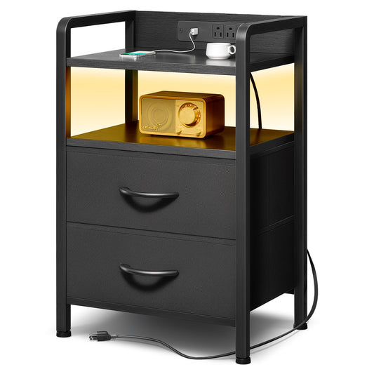 LED Nightstand End Table with Charging Station & 2 Drawers for Bedroom Black