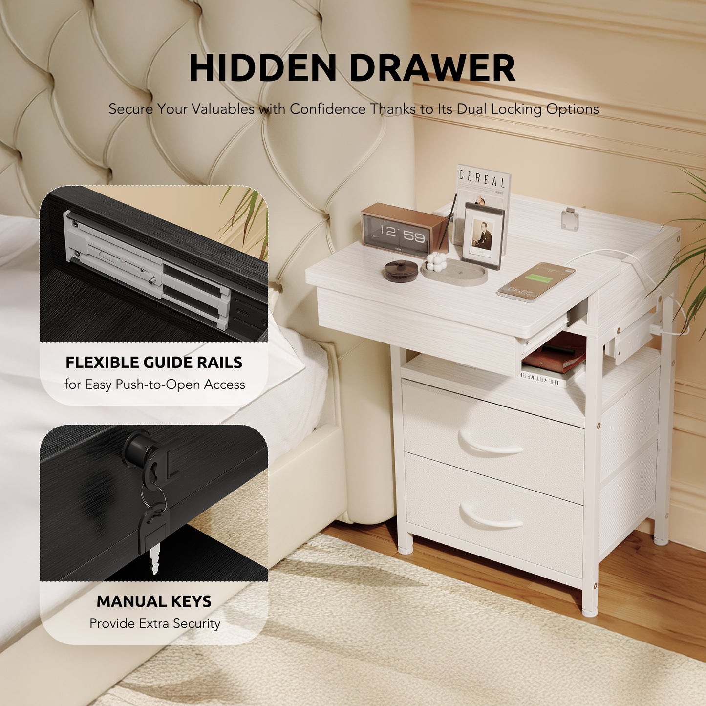 Modern Nightstand with Drawers Bedside End Table with Charging Station & Sliding Top