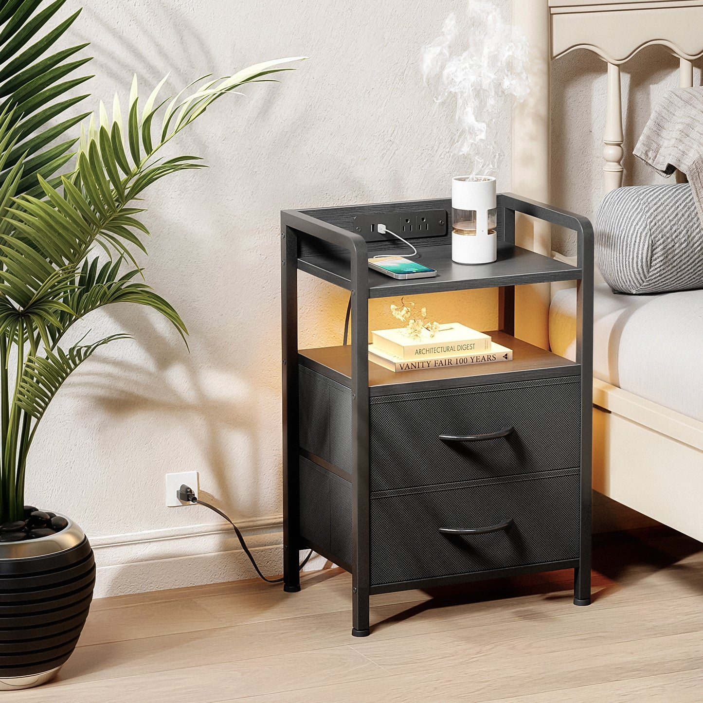 LED Nightstand End Table with Charging Station & 2 Drawers for Bedroom Black