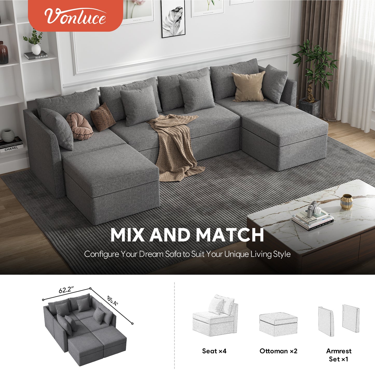Modular Couches and Sofas Sectional 4 Seat U Shaped Sofa w Storage Ottoman, Dark Gray