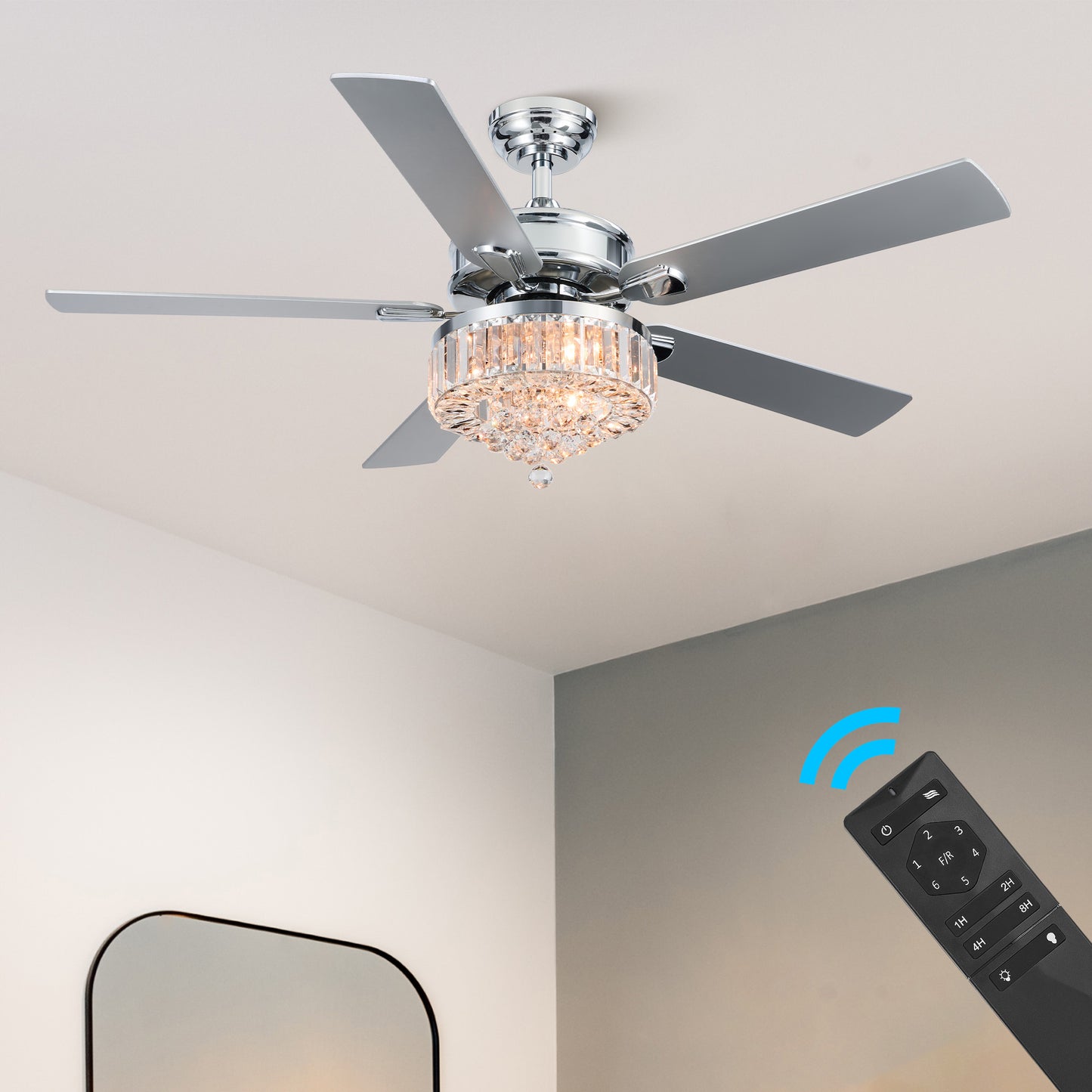 Bestco 52" 3-Light Chandelier Crystal Ceiling Fan with Remote 5 Dual Sided Blades Chrome
