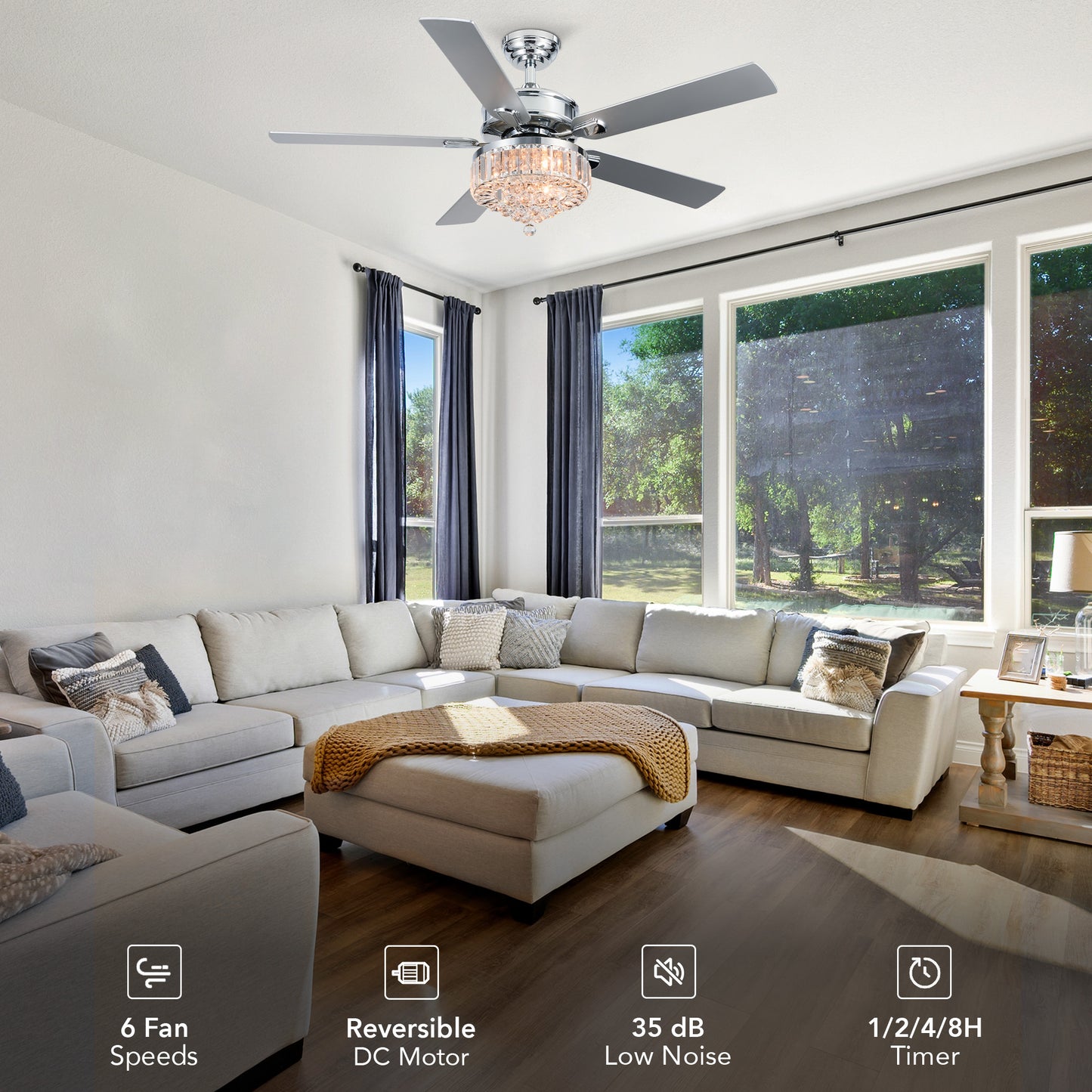 Bestco 52" 3-Light Chandelier Crystal Ceiling Fan with Remote 5 Dual Sided Blades Chrome