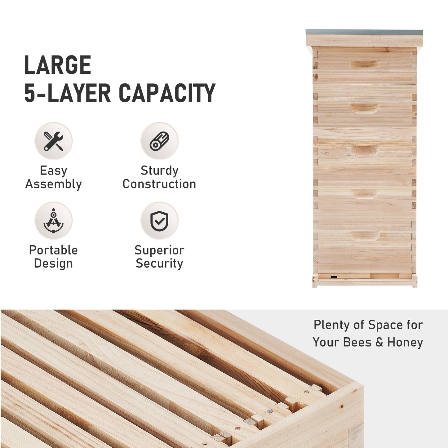 Bee Hive Boxes Starter Kit, Langstroth Beehive for Bee Keeping, 5 Layer Bee House with 4 Medium Storage Boxes & 1 Deep Brood Box