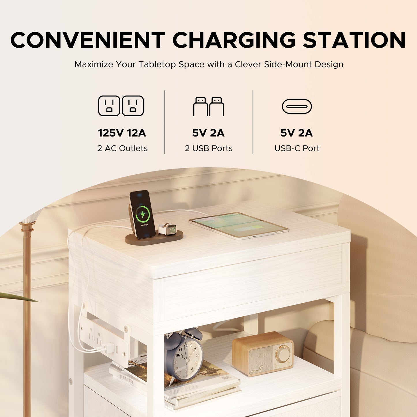 Modern Nightstand with Drawers Bedside End Table with Charging Station & Sliding Top