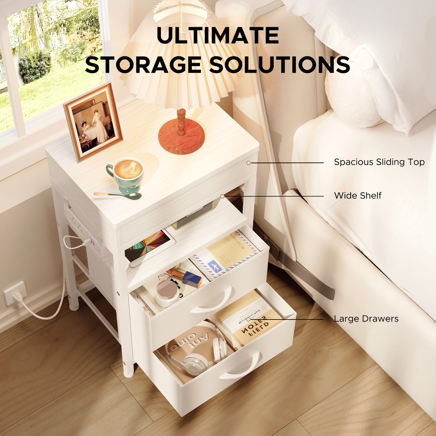 Modern Nightstand with Drawers Bedside End Table with Charging Station & Sliding Top