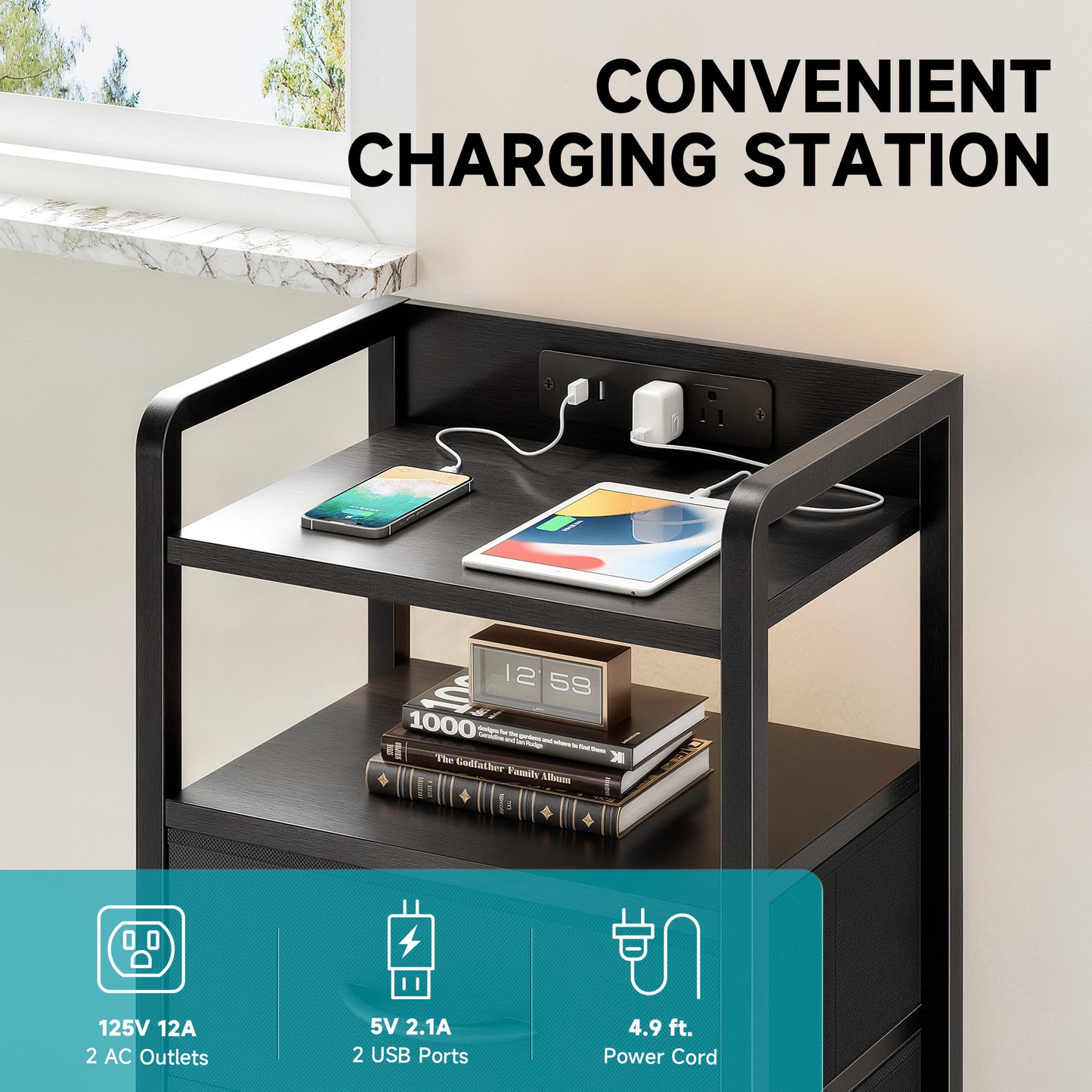 LED Nightstand End Table with Charging Station & 2 Drawers for Bedroom Black