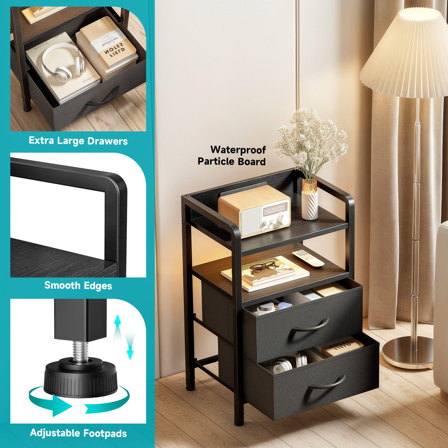 LED Nightstand End Table with Charging Station & 2 Drawers for Bedroom Black