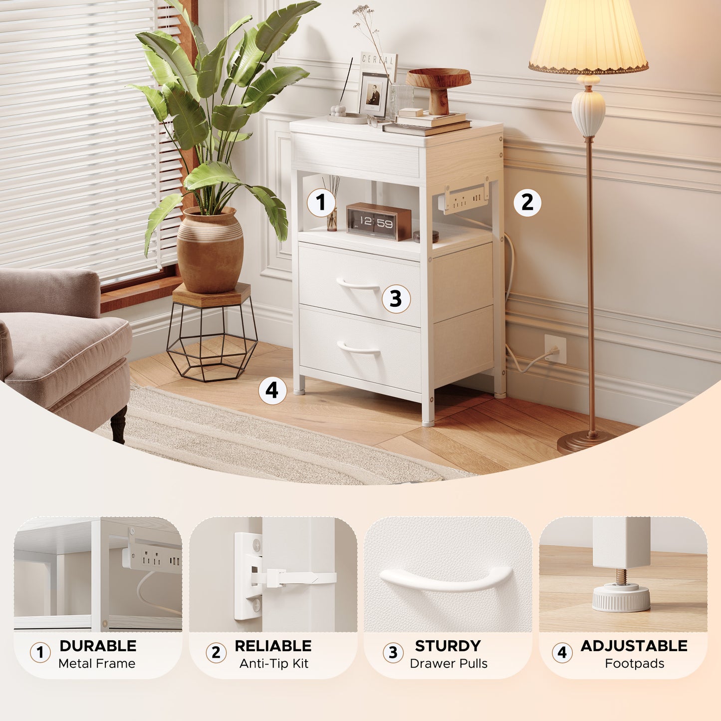 Modern Nightstand with Drawers Bedside End Table with Charging Station & Sliding Top