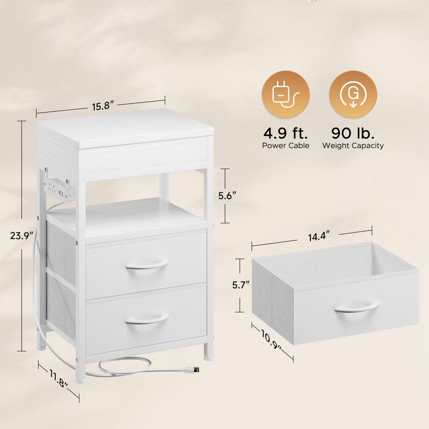 Modern Nightstand with Drawers Bedside End Table with Charging Station & Sliding Top