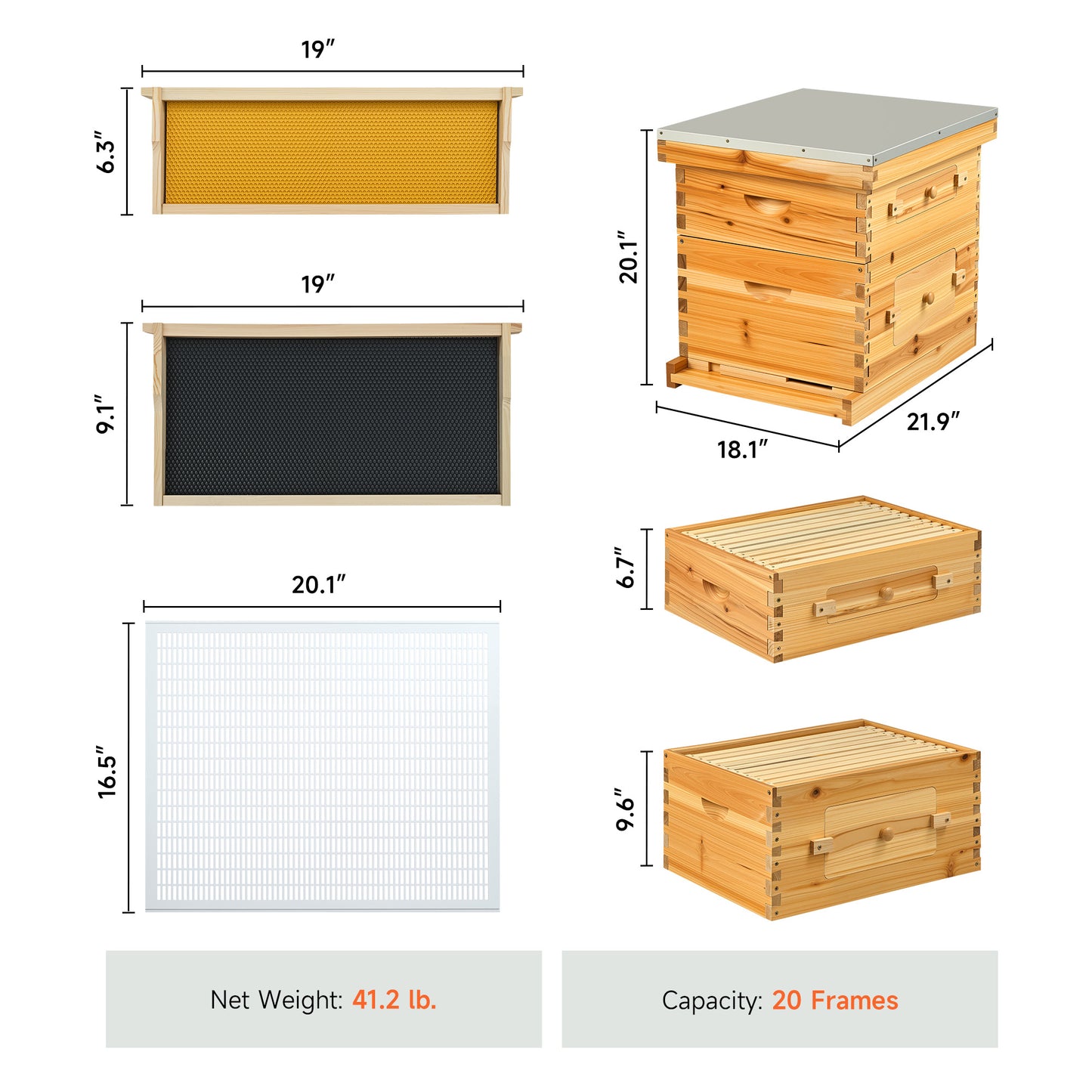 20 Frame Bee Hive Box Kit Beeswax Coated Langstroth Beehive Kit for Beekeeping