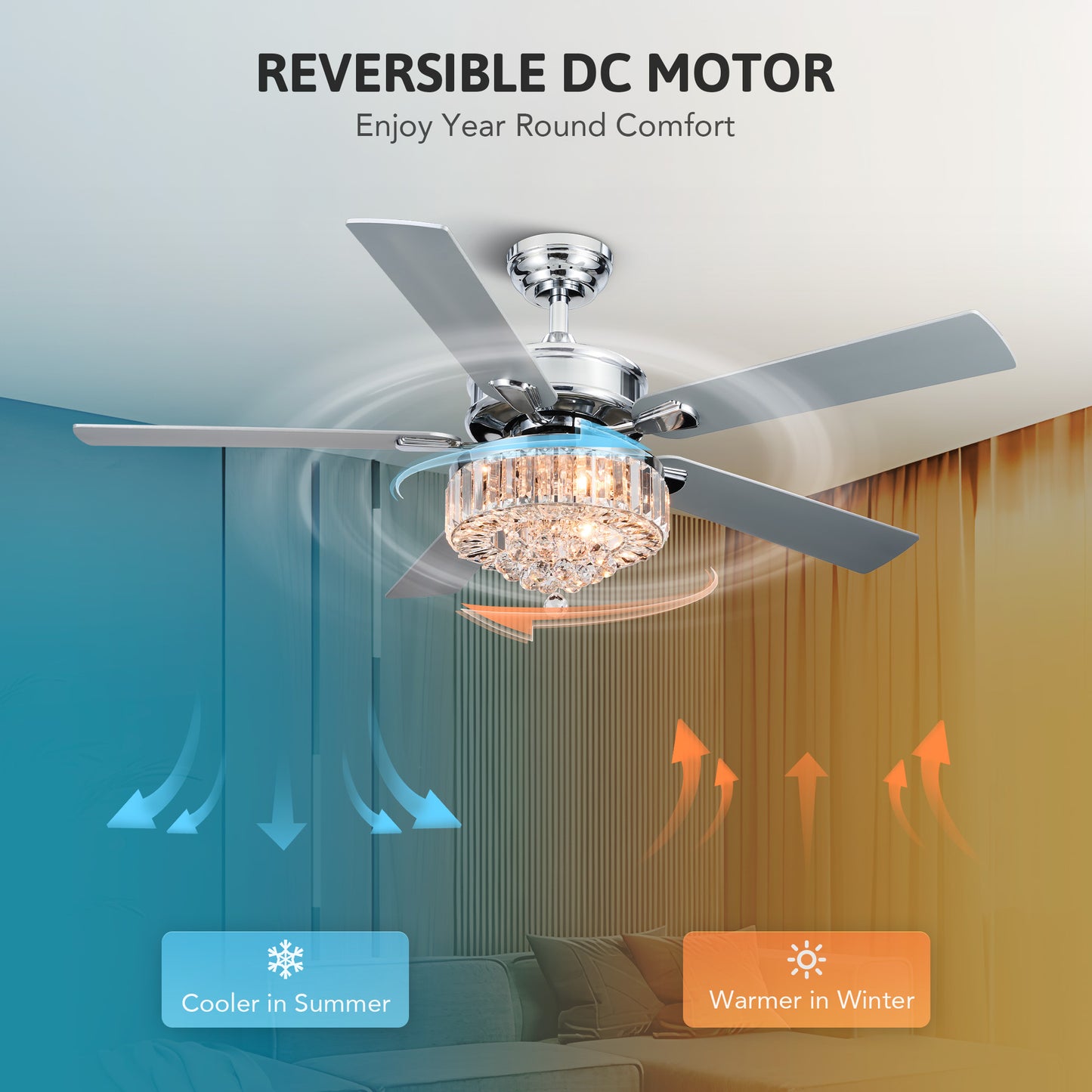 Bestco 52" 3-Light Chandelier Crystal Ceiling Fan with Remote 5 Dual Sided Blades Chrome