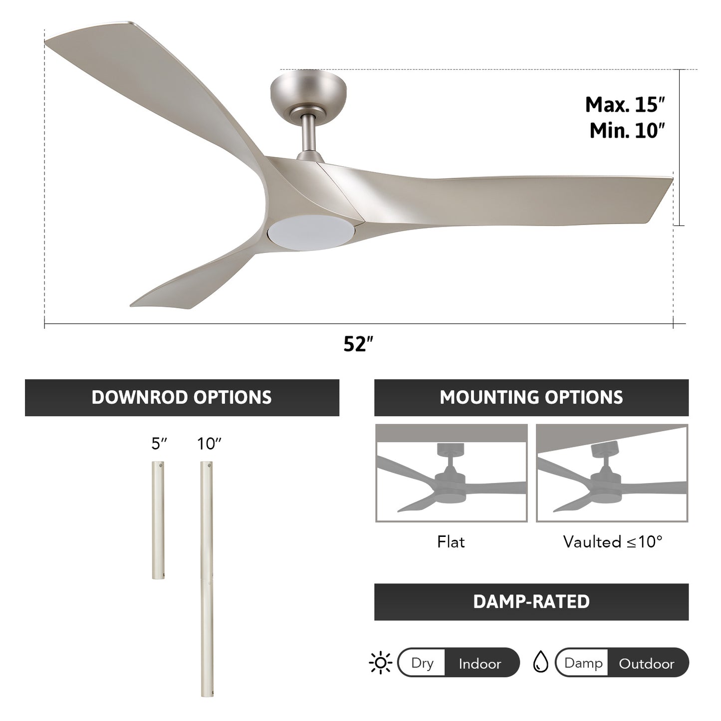 Bestco 52 inch Propeller Ceiling Fan with Light Remote Control 6 Fan Speeds Nickel