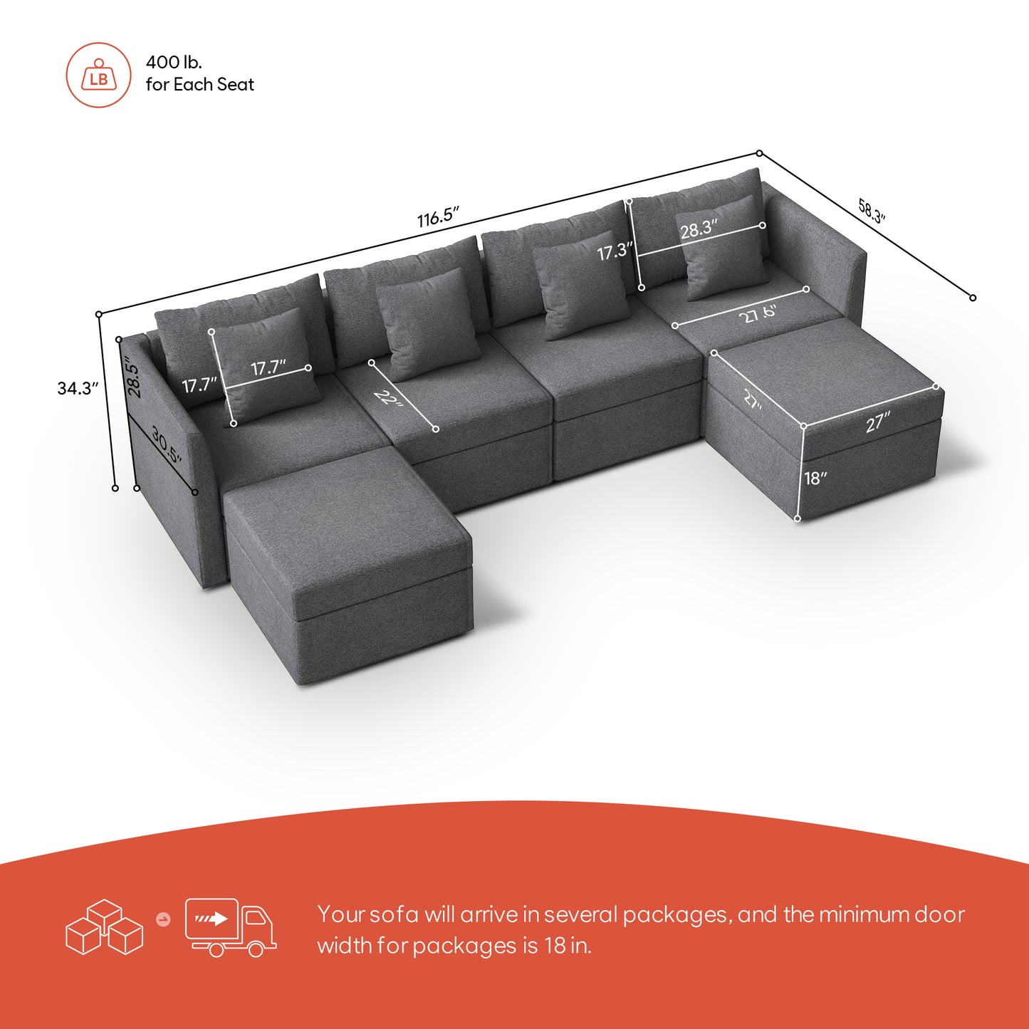 Modular Couches and Sofas Sectional 4 Seat U Shaped Sofa w Storage Ottoman, Dark Gray