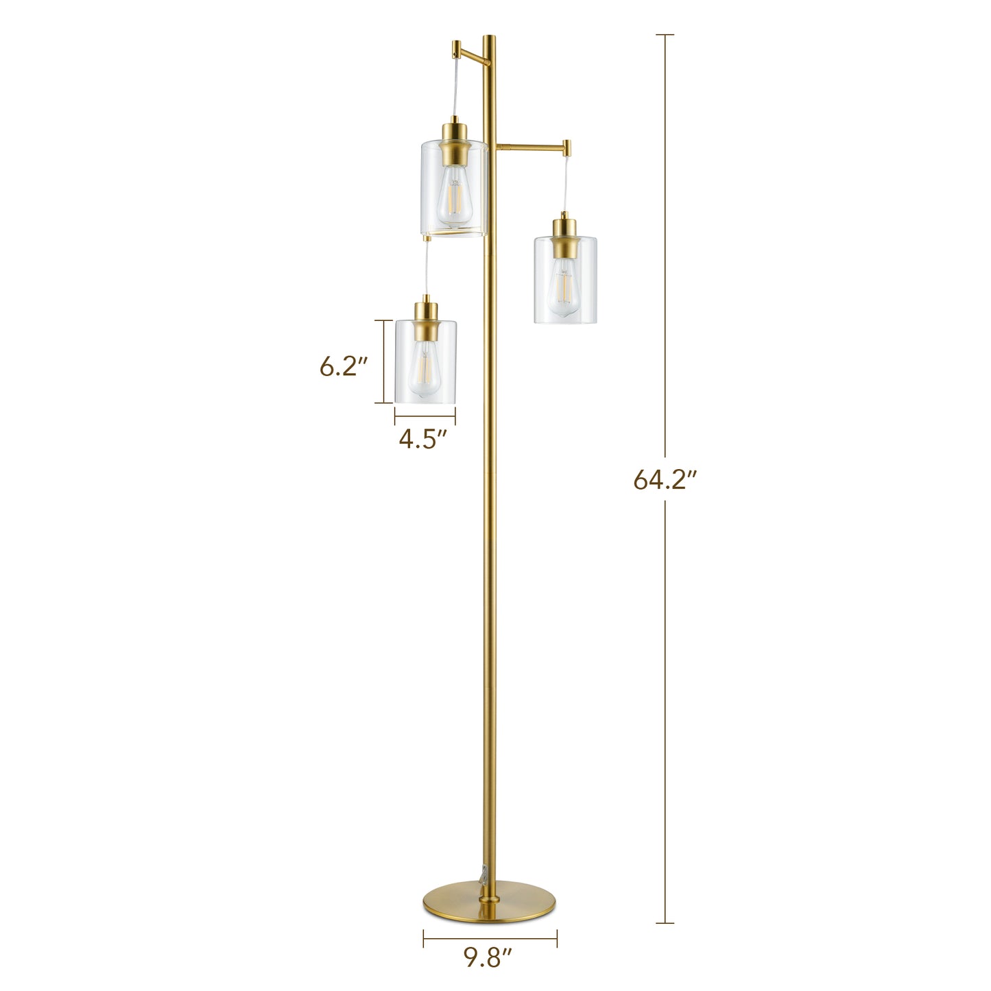 Bestco Industrial Floor Lamp with 3 LED Bulbs Hanging Glass Shades 64" Metal Pole Gold
