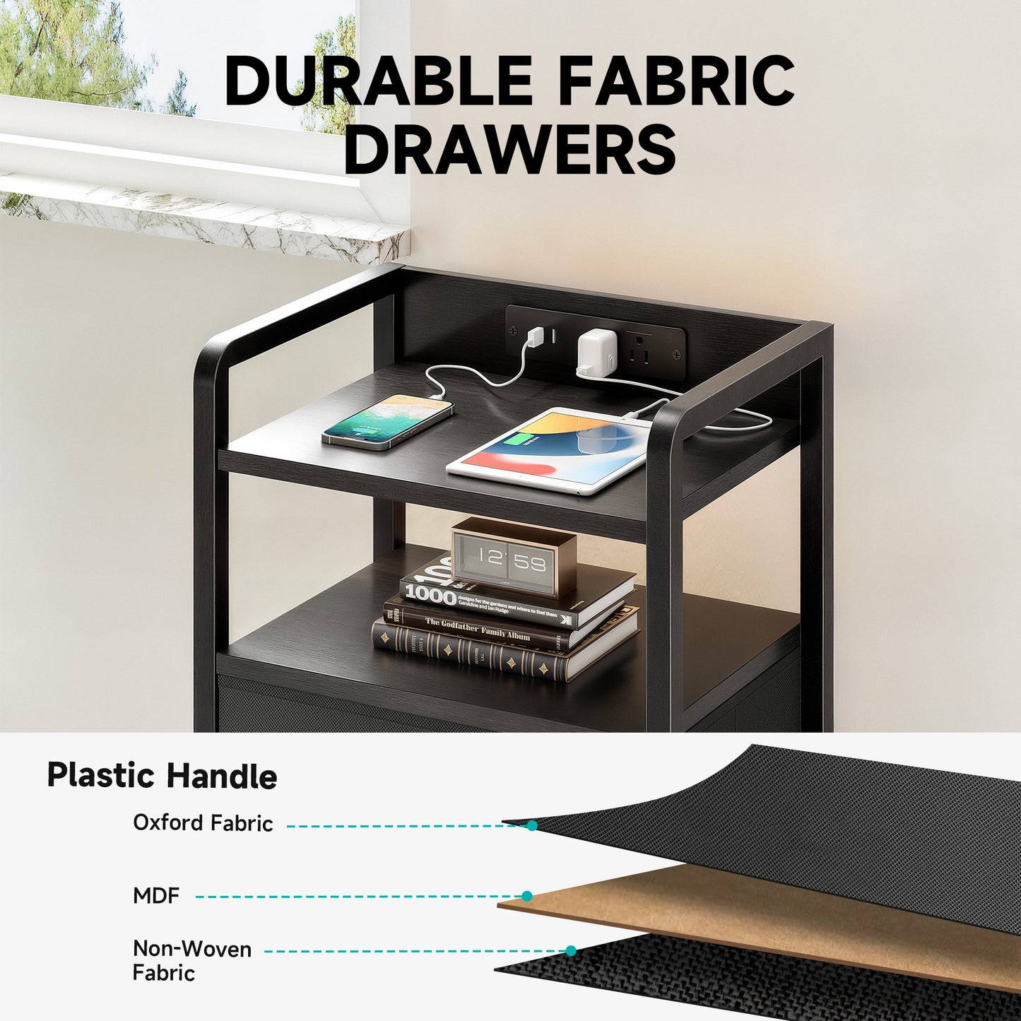 LED Nightstand End Table with Charging Station & 2 Drawers for Bedroom Black