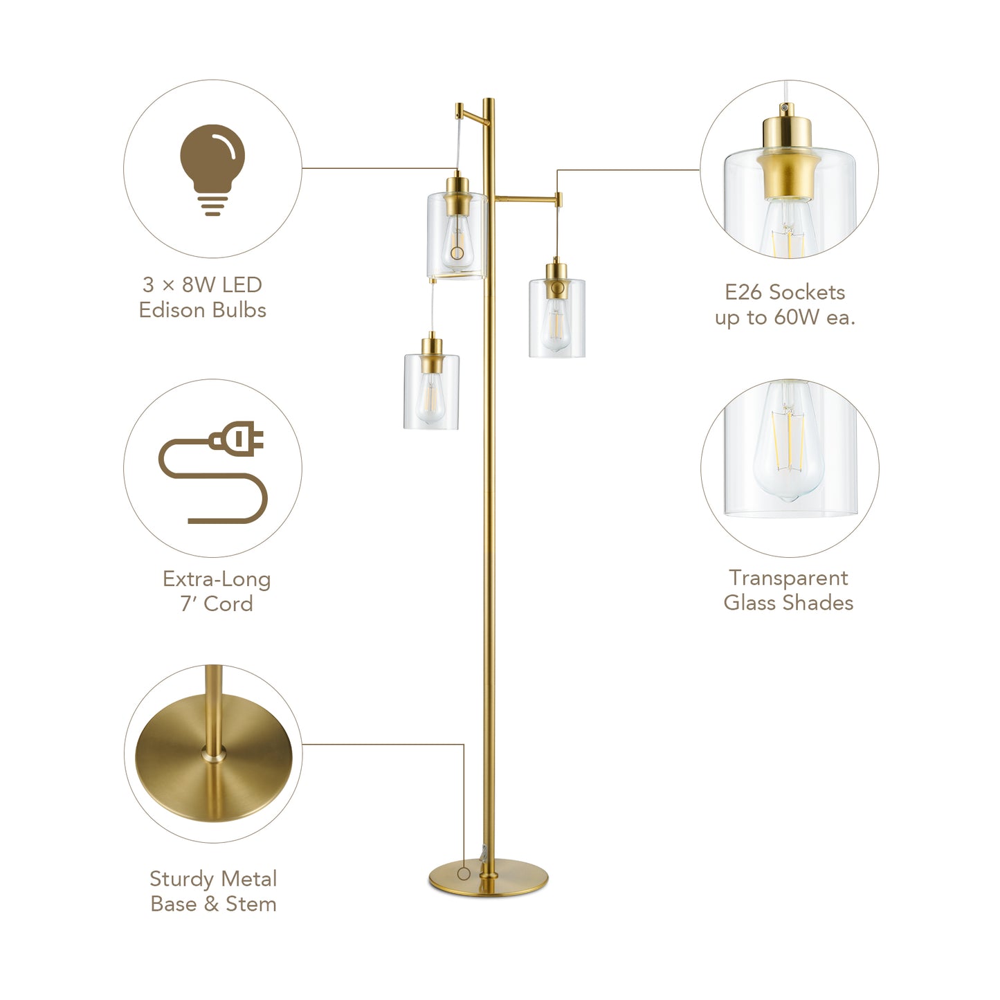 Bestco Industrial Floor Lamp with 3 LED Bulbs Hanging Glass Shades 64" Metal Pole Gold