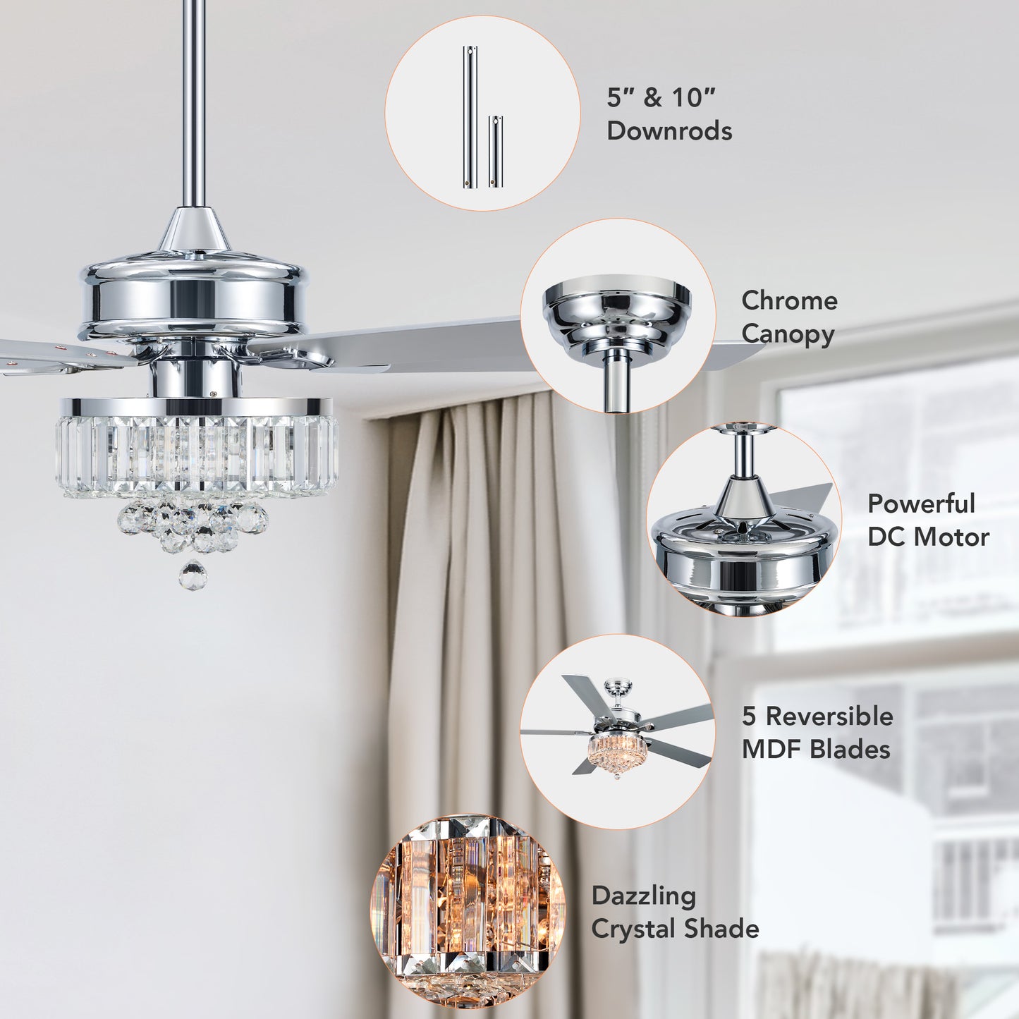 Bestco 52" 3-Light Chandelier Crystal Ceiling Fan with Remote 5 Dual Sided Blades Chrome