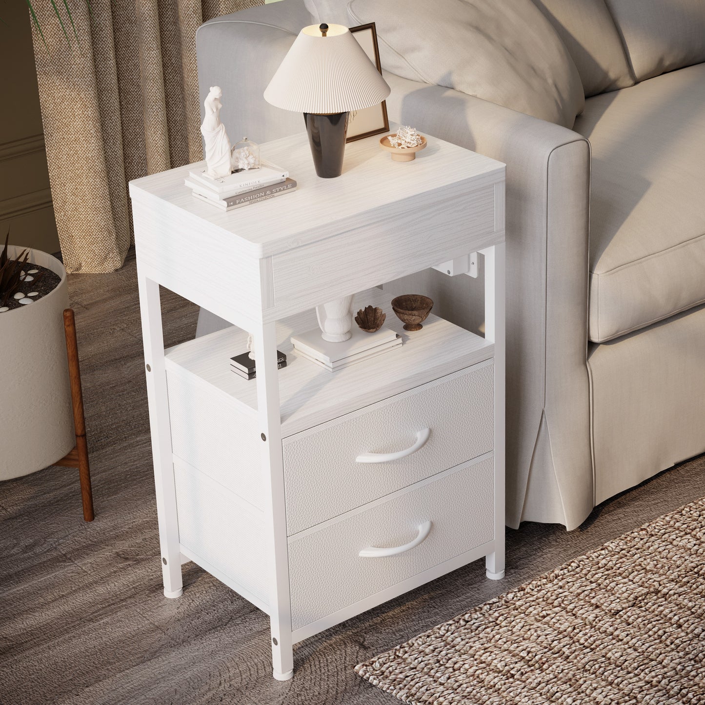 Modern Nightstand with Drawers Bedside End Table with Charging Station & Sliding Top