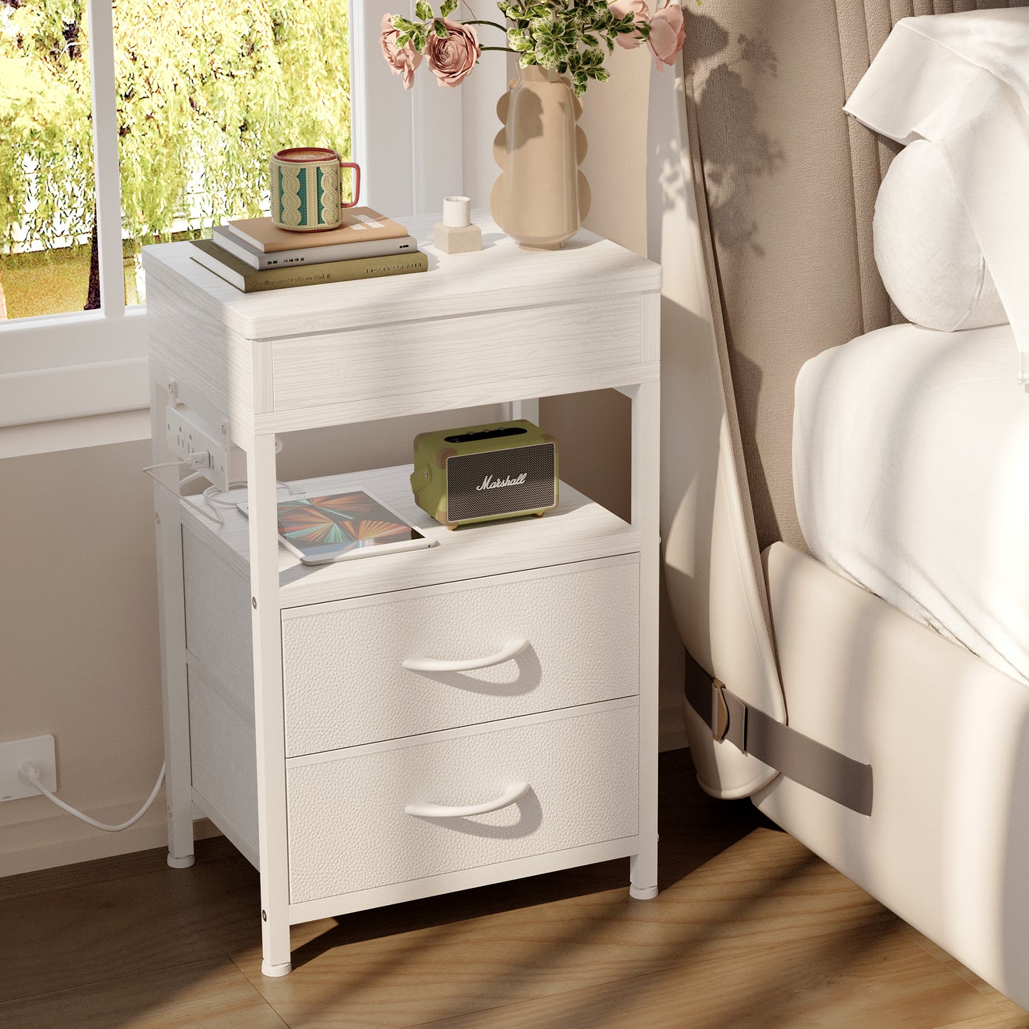Modern Nightstand with Drawers Bedside End Table with Charging Station & Sliding Top